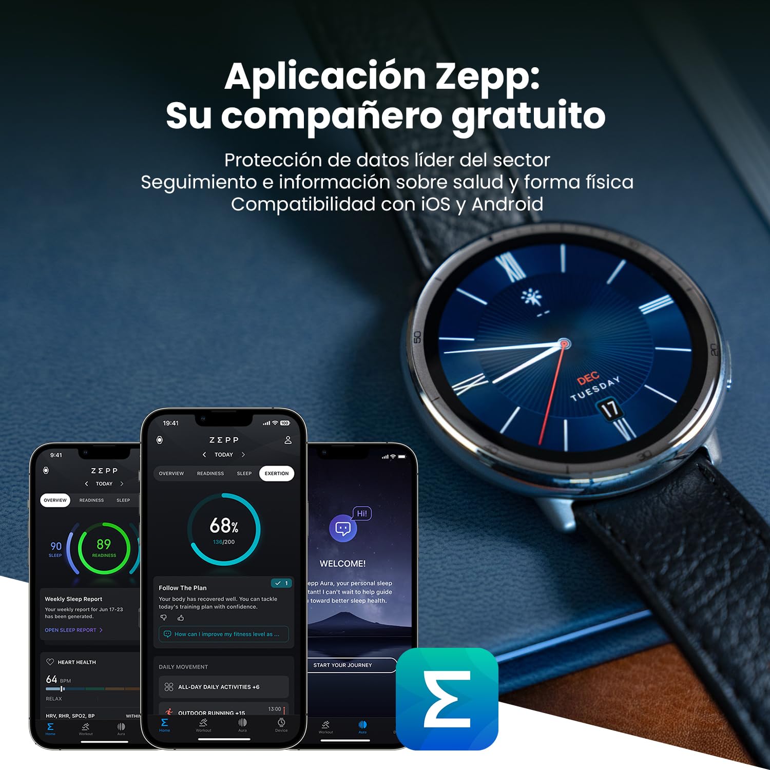 Smartwatch Amazfit Active 2 con esfera azul y la aplicación Zepp en smartphones compatibles con iOS y Android