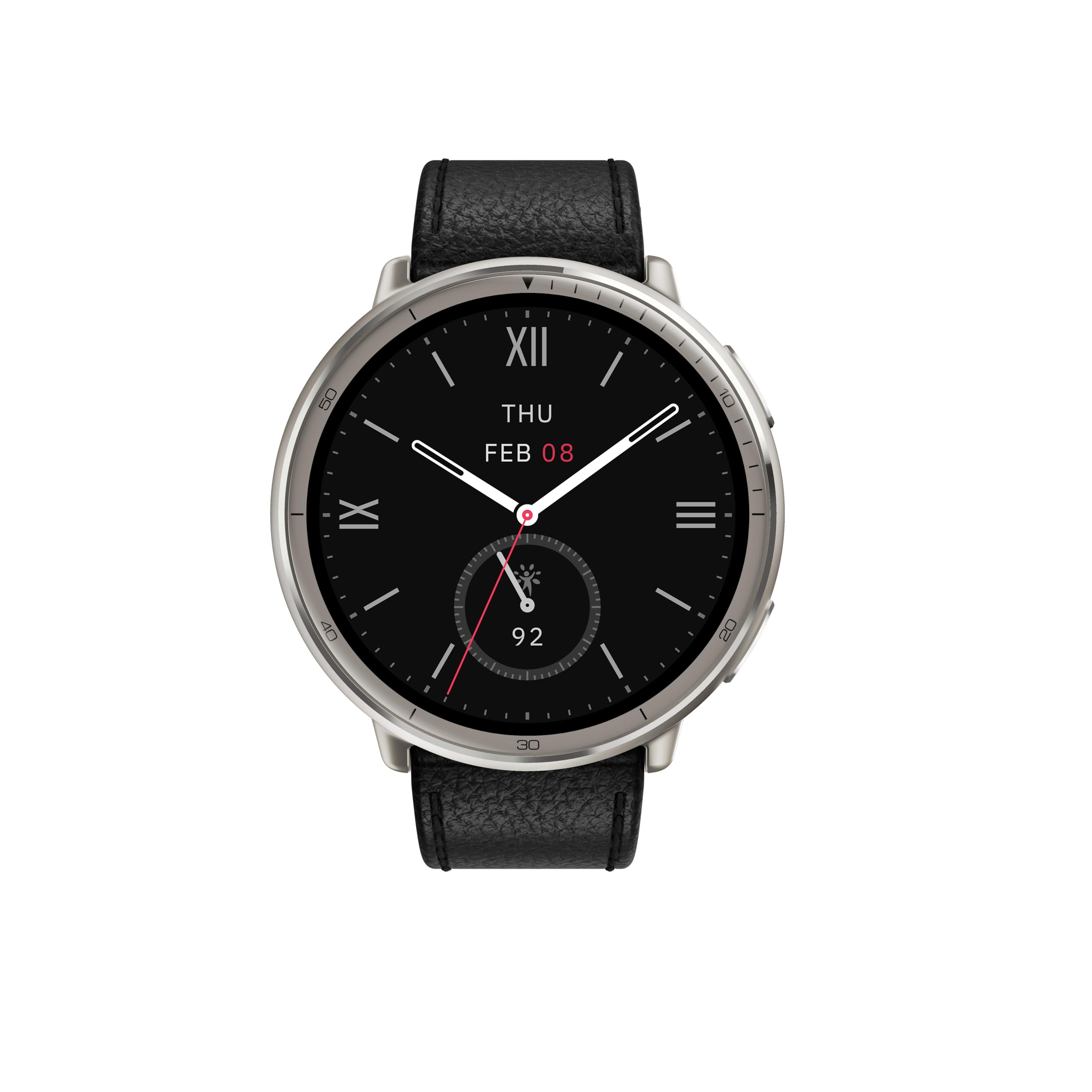 Reloj inteligente Amazfit Active 2 Premium con correa de piel negra y esfera analógica sobre fondo blanco