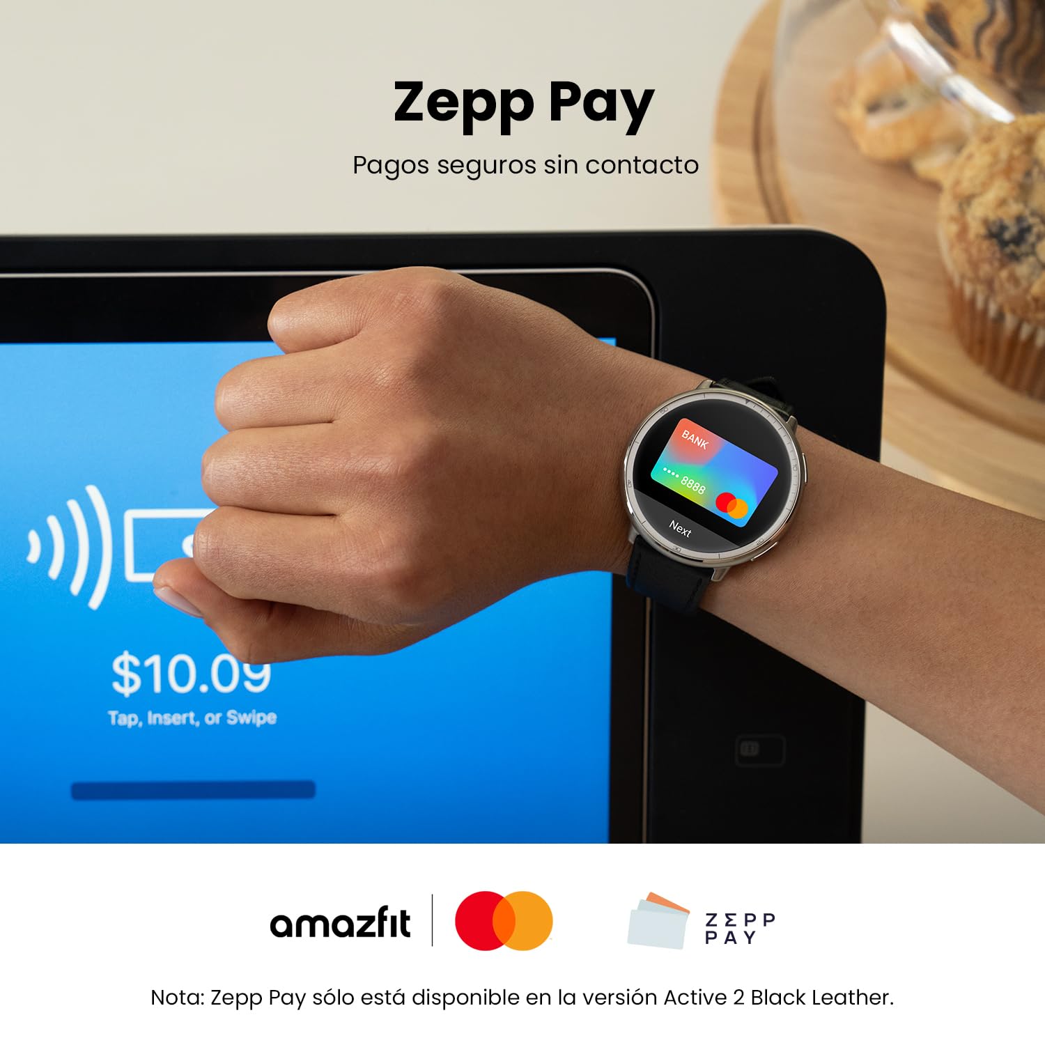 Amazfit Active 2 smartwatch realizando pago NFC sin contacto Zepp Pay con Mastercard en terminal