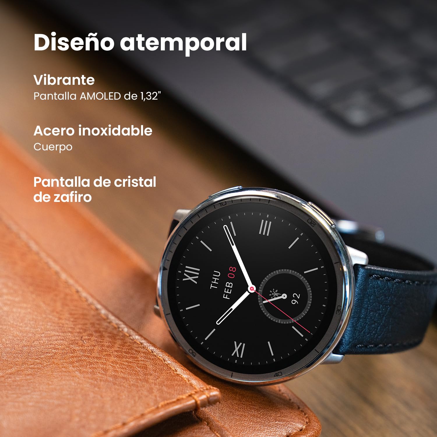 Reloj inteligente Amazfit Active 2 con correa de piel negra y pantalla AMOLED sobre superficie de cuero