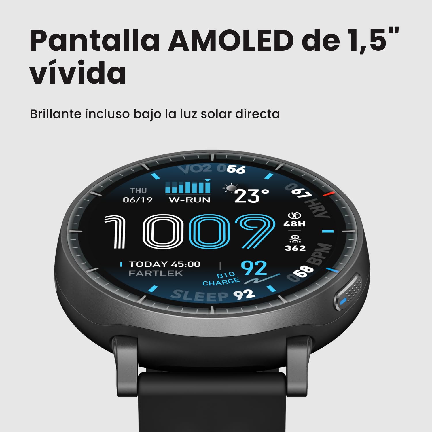 Amazfit Active MAX smartwatch con pantalla AMOLED de 1,5 pulgadas mostrando métricas de fitness y salud