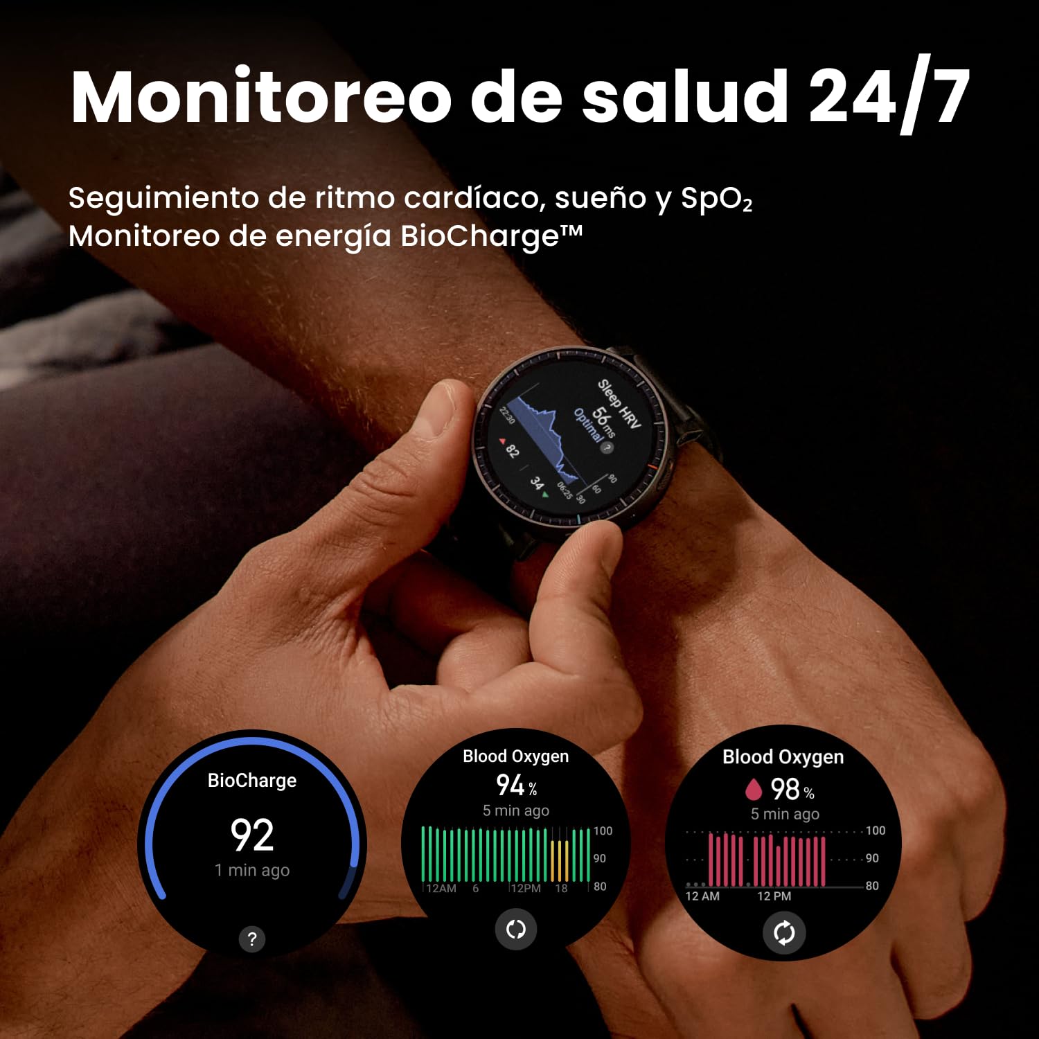 Amazfit Active MAX smartwatch mostrando monitoreo de salud 24/7 con BioCharge y oxímetro en muñeca