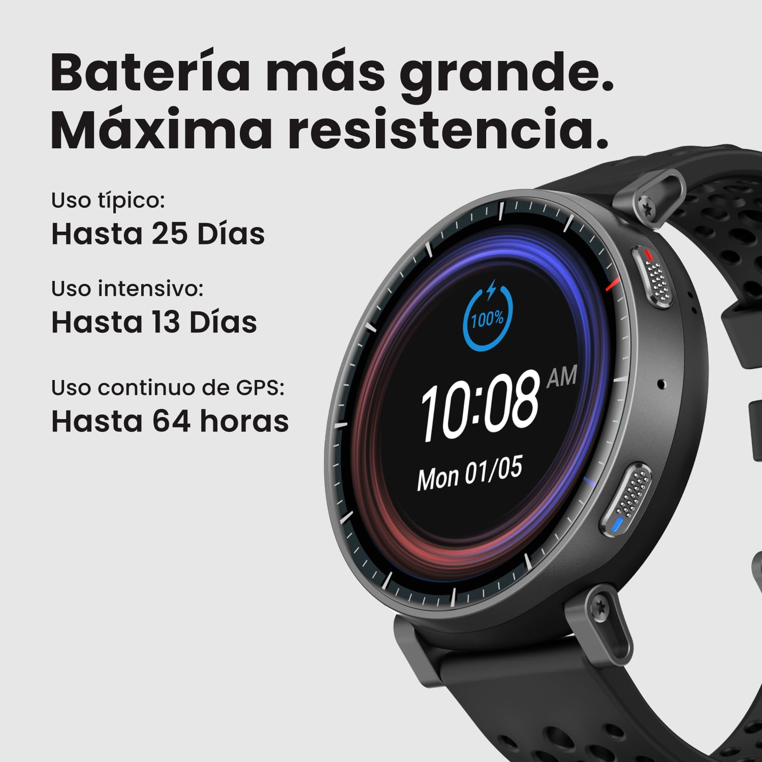 Smartwatch Amazfit Active MAX gris con pantalla AMOLED mostrando batería al 100% y resistencia de hasta 25 días