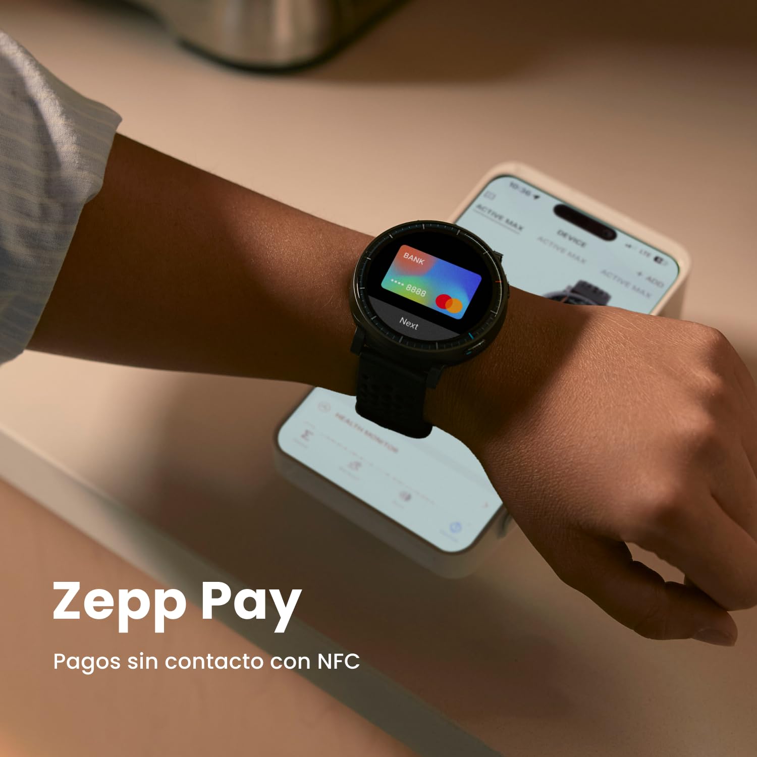 Amazfit Active MAX smartwatch mostrando pago sin contacto Zepp Pay NFC desde la muñeca