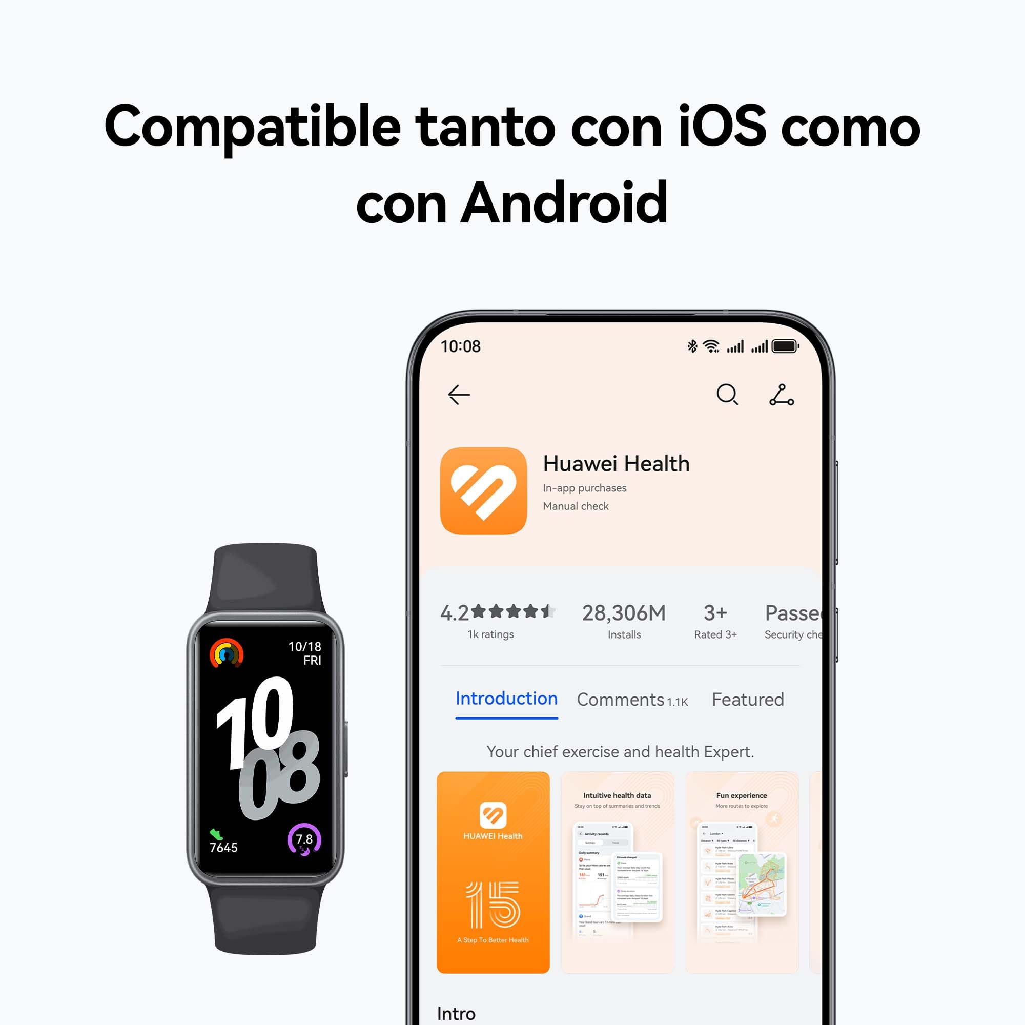 HUAWEI Band 10 negra junto a smartphone mostrando la app Huawei Health, compatible con iOS y Android