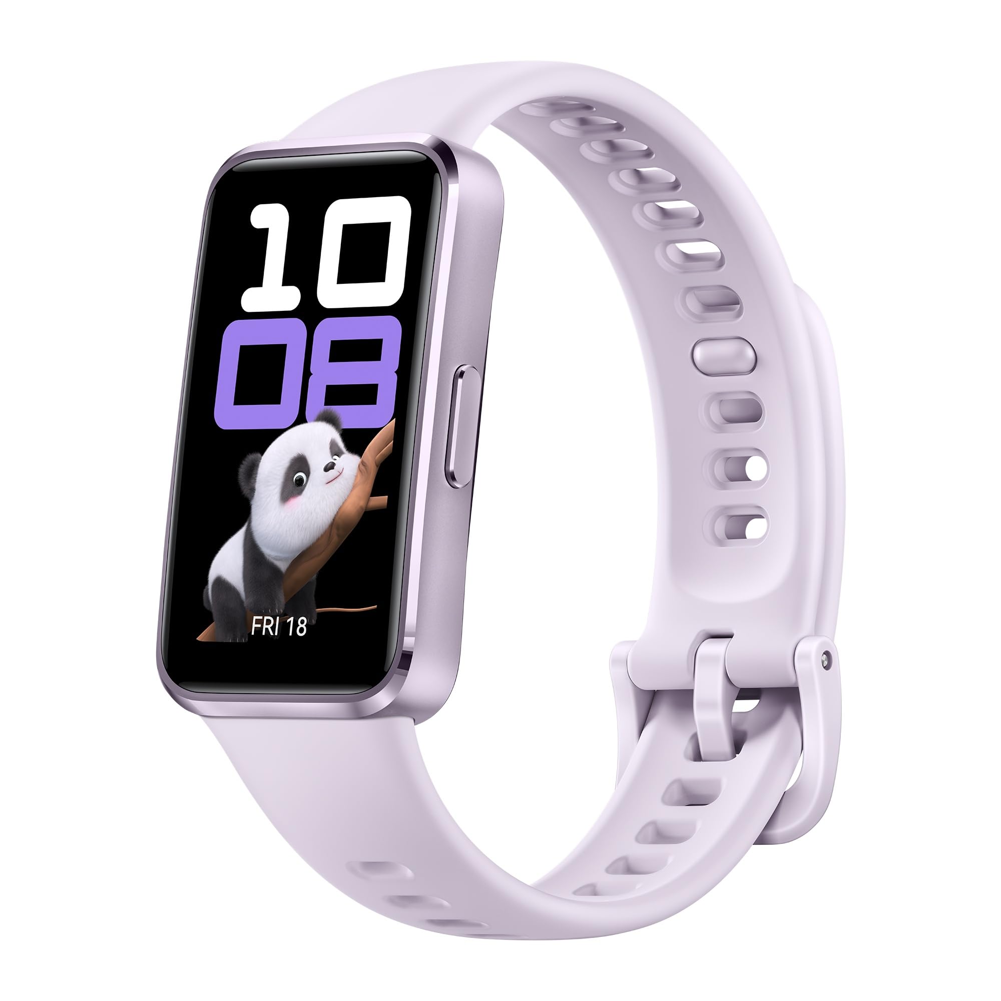 HUAWEI Band 10 pulsera inteligente lila con pantalla AMOLED mostrando hora y esfera de panda animado
