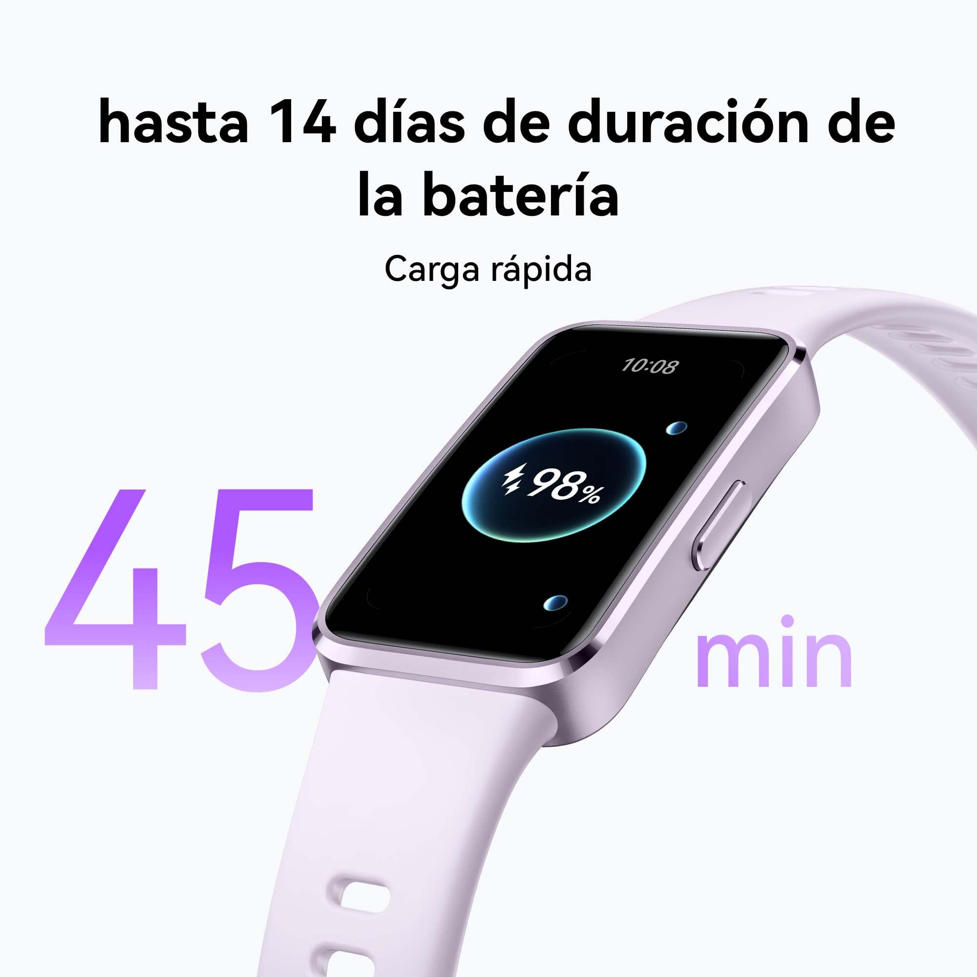 HUAWEI Band 10 smartwatch lavanda con pantalla mostrando carga rápida de batería al 98%