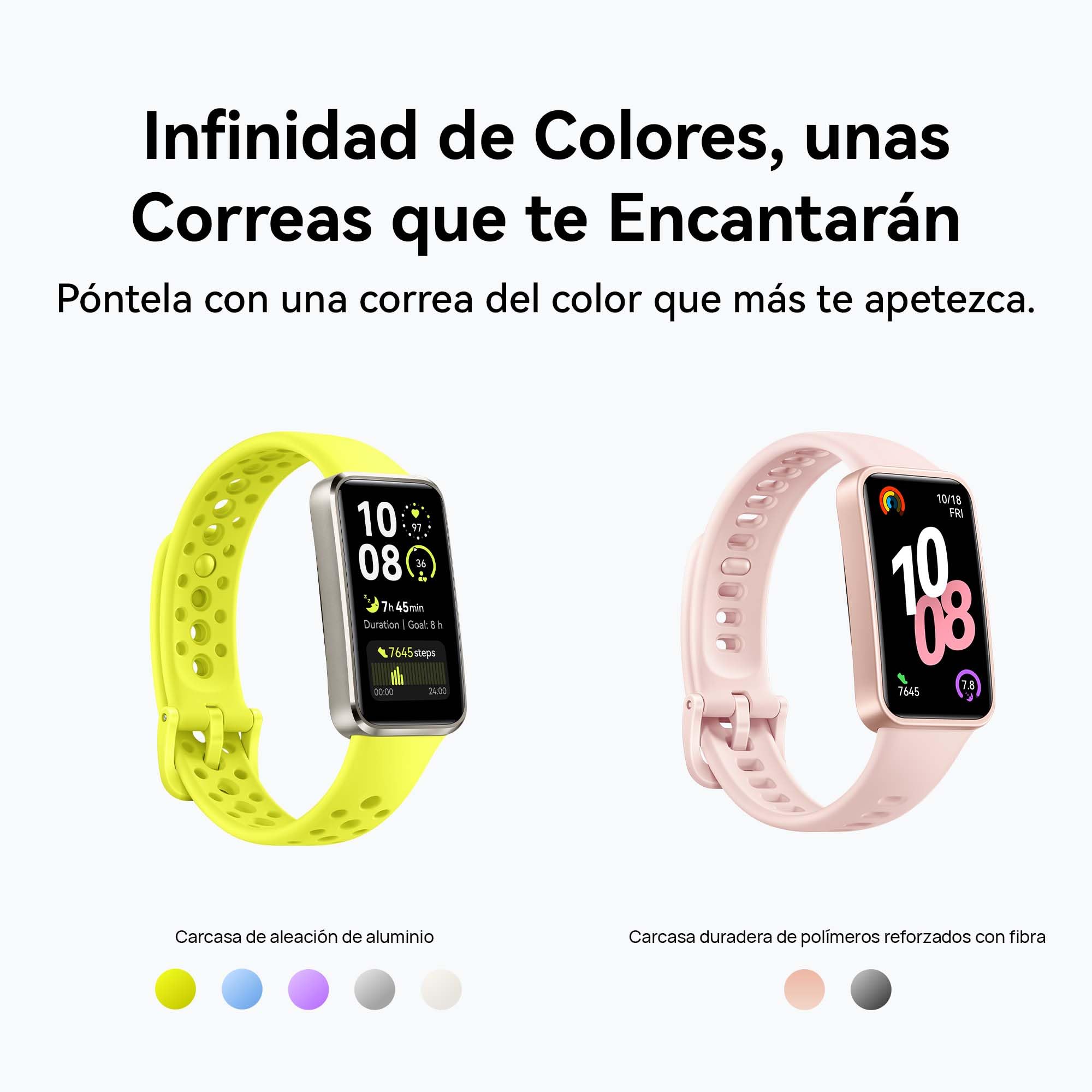 HUAWEI Band 10 smartwatch con correas de colores amarillo y rosa, pantalla mostrando monitorización de actividad y sueño