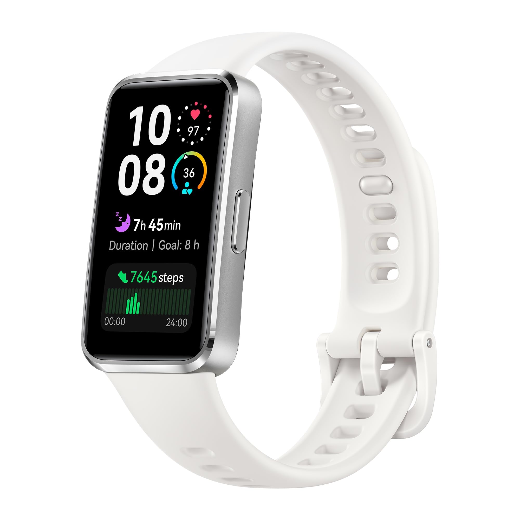 Pulsera inteligente HUAWEI Band 10 blanca con pantalla mostrando monitorización de actividad, sueño y pasos