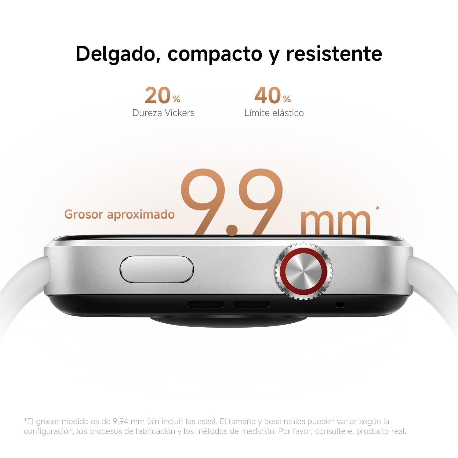 Vista lateral del Xiaomi Redmi Watch 6 mostrando grosor de 9,9 mm y chasis de aluminio plateado.