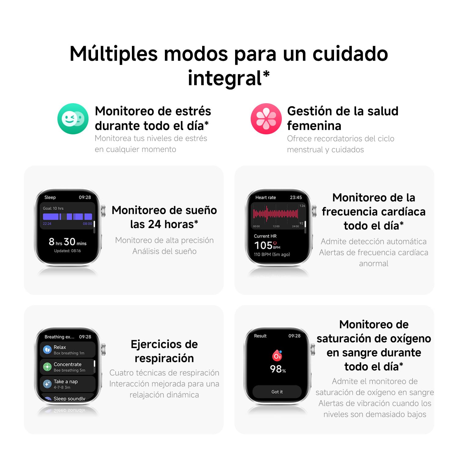 Funciones de monitoreo de salud del Xiaomi Redmi Watch 6: sueño, frecuencia cardíaca, respiración y oxígeno en sangre.