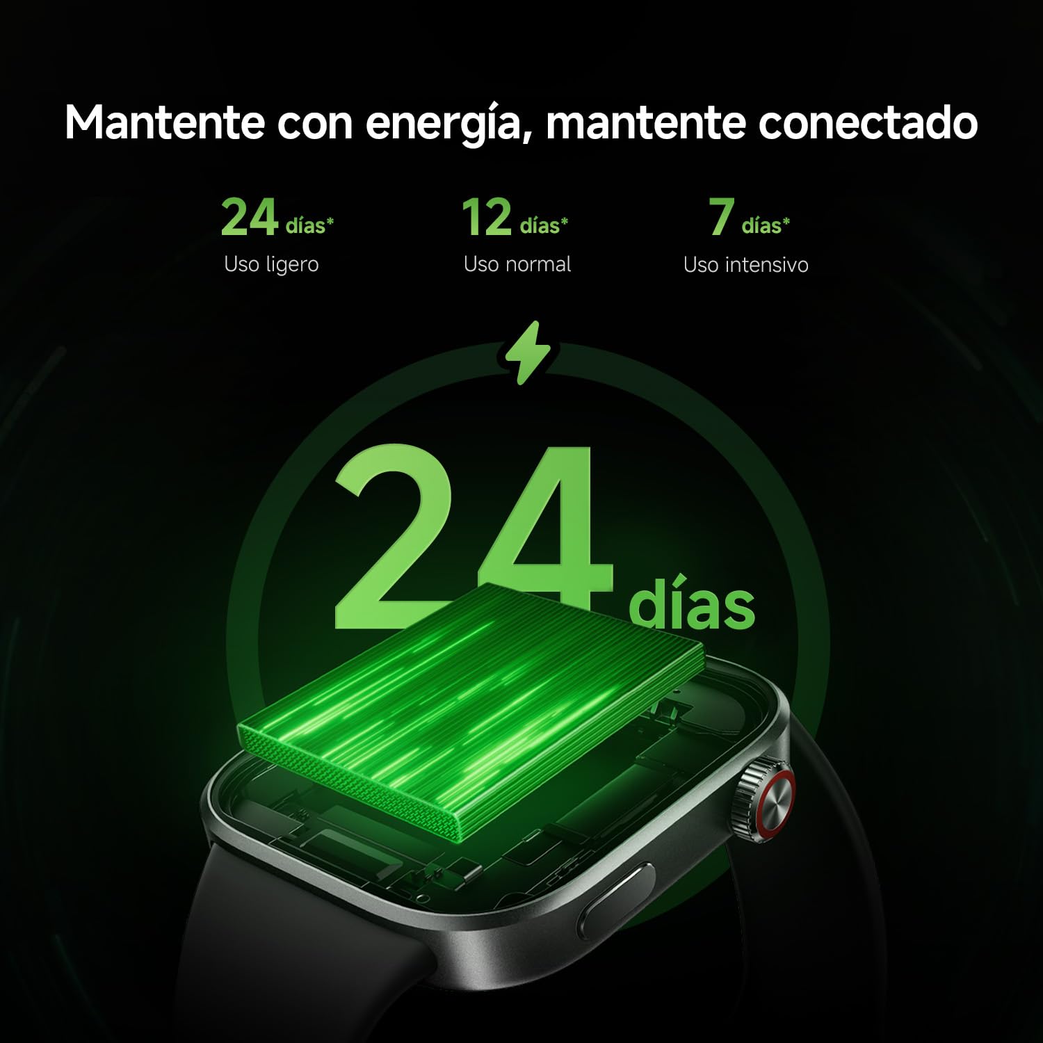 Xiaomi Redmi Watch 6 smartwatch con 24 días de duración de batería y batería interna iluminada en verde.