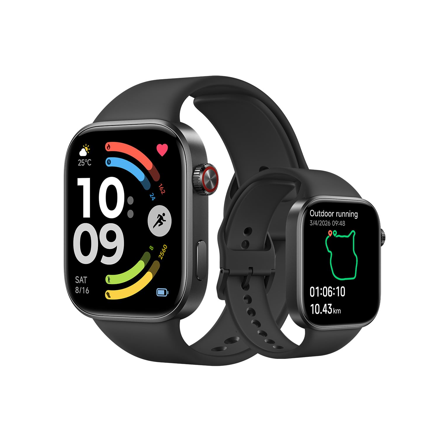 Smartwatch Xiaomi Redmi Watch 6 negro con pantalla AMOLED, GPS y monitor cardíaco sobre fondo blanco.