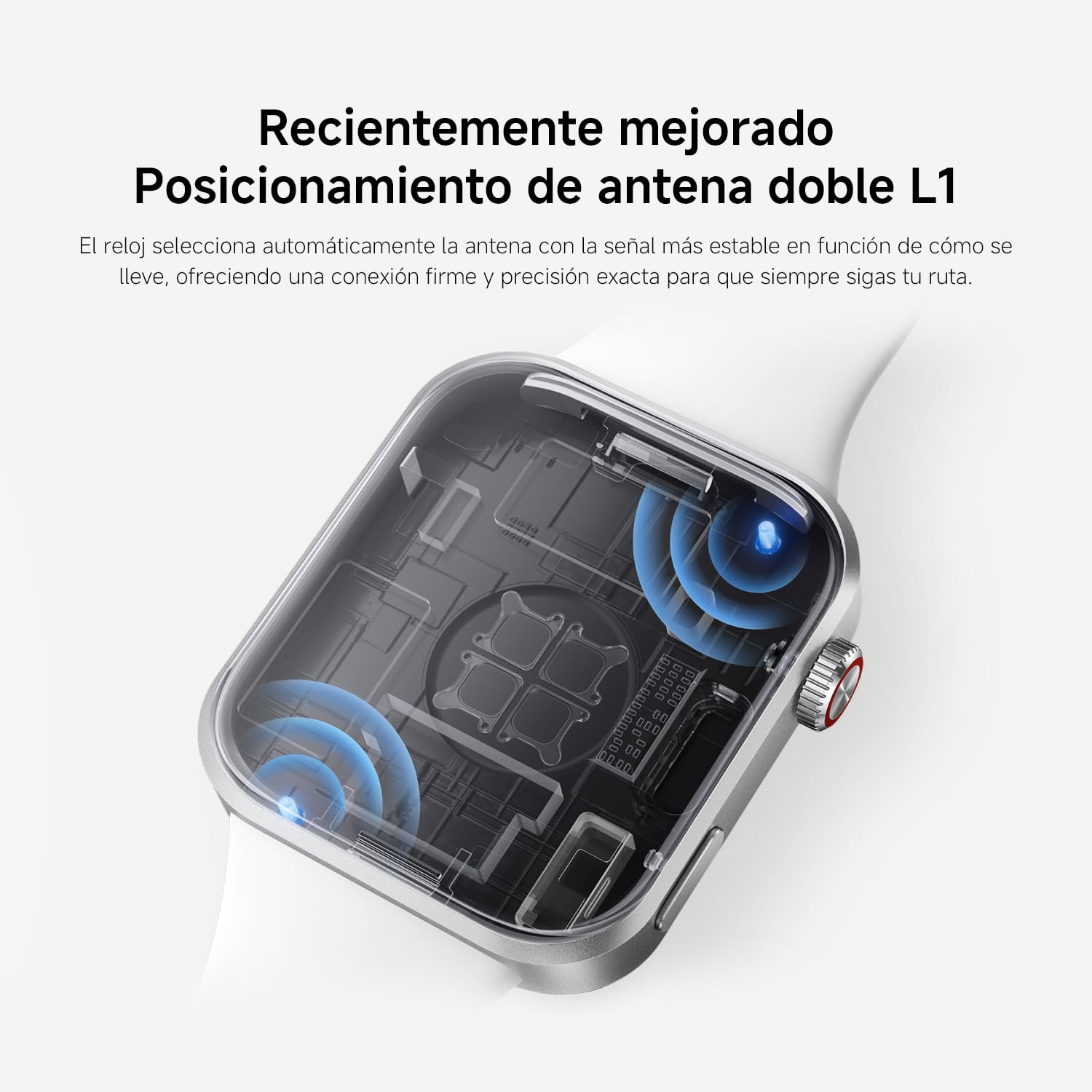 Xiaomi Redmi Watch 6 con vista interna de la doble antena L1 GNSS iluminada en azul sobre fondo blanco.