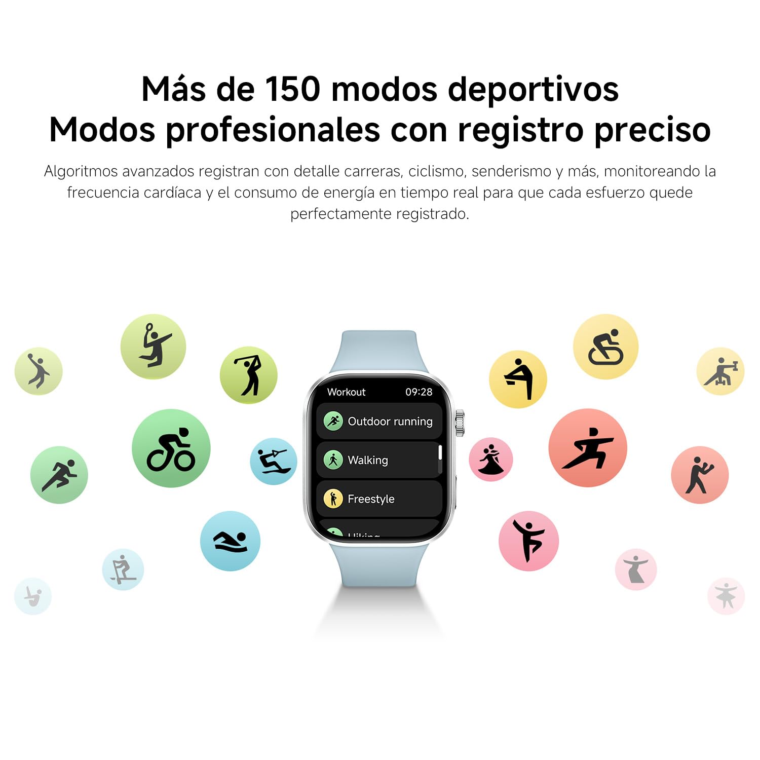 Xiaomi Redmi Watch 6 smartwatch con pantalla AMOLED mostrando menú de más de 150 modos deportivos rodeado de iconos de actividades.