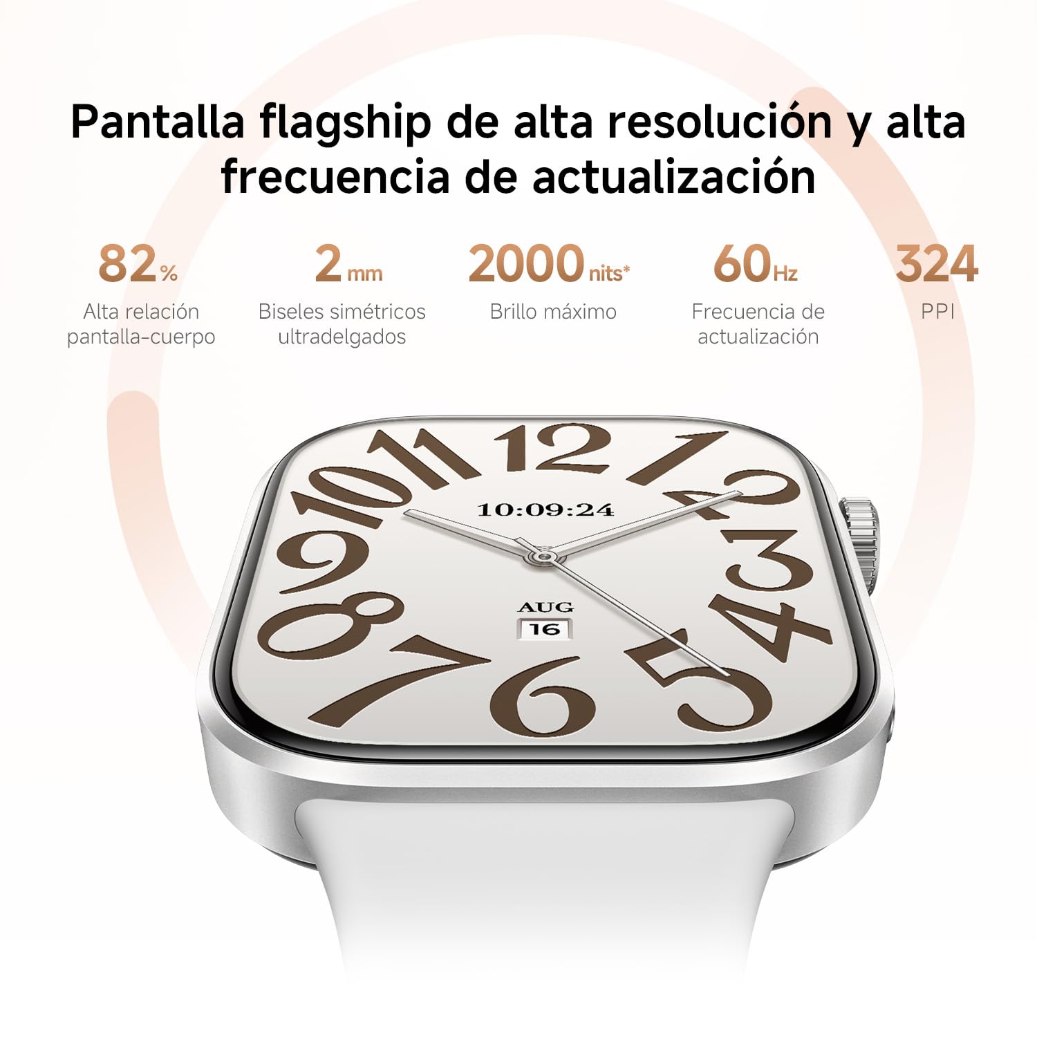 Xiaomi Redmi Watch 6 con pantalla AMOLED, biseles delgados y esfera analógica en caja plateada con correa blanca.
