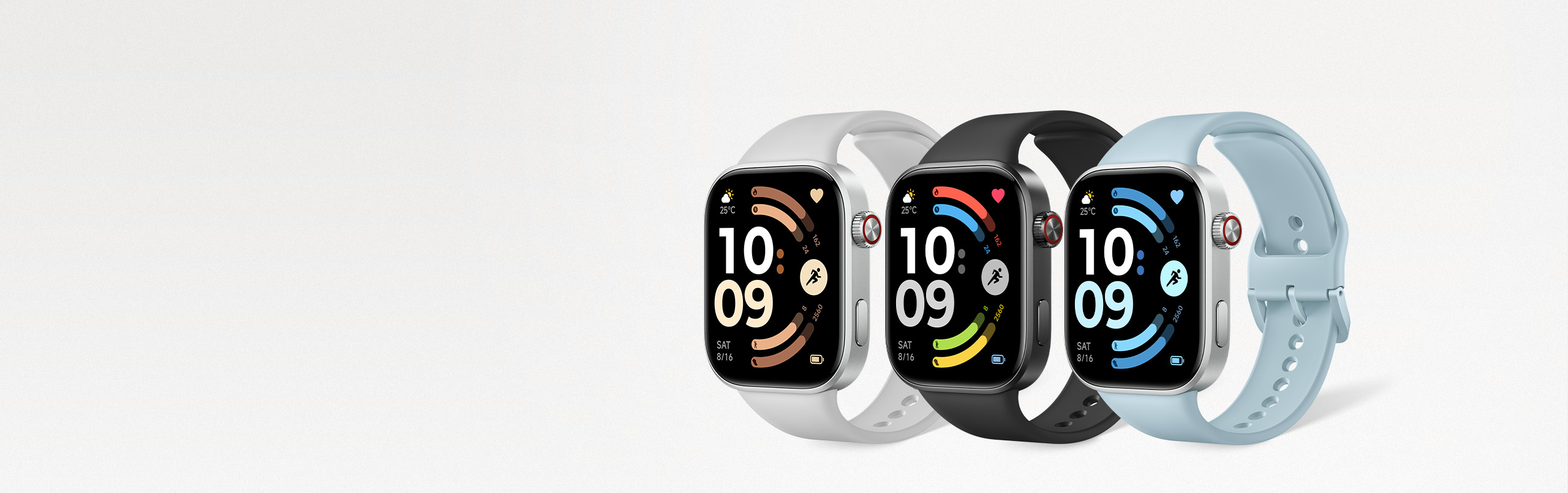 Tres smartwatches con correas blanca, negra y azul claro mostrando esferas de actividad y hora 10:09.