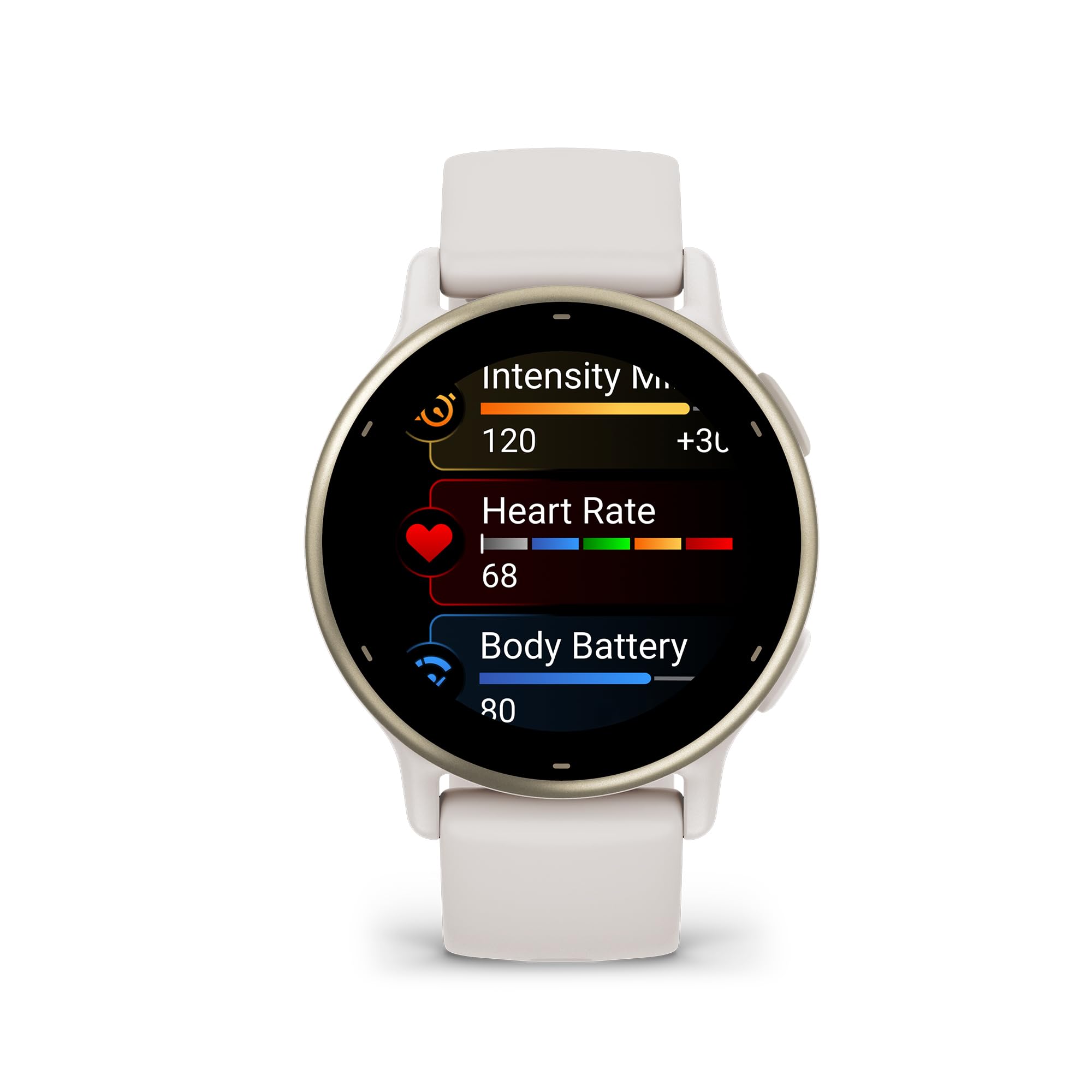 Smartwatch Garmin Vívoactive 5 blanco con pantalla AMOLED mostrando frecuencia cardiaca, minutos de intensidad y Body Battery.