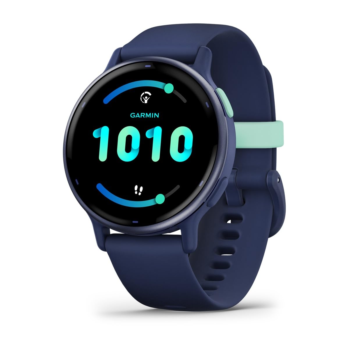 Garmin vívoactive 5 azul con pantalla AMOLED y detalle verde en el botón lateral