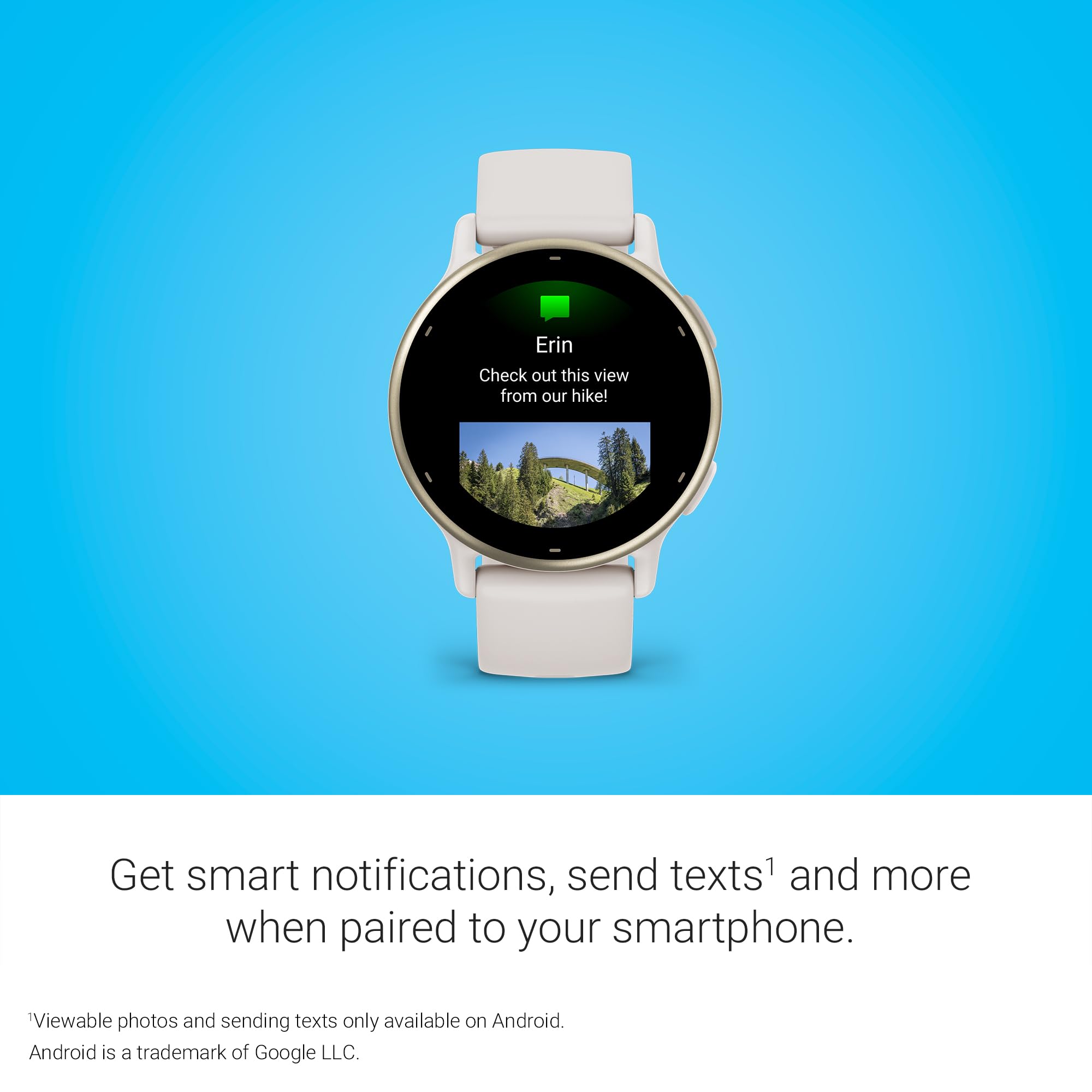 Notificación de mensaje mostrada en un Garmin vívoactive 5 de color crema