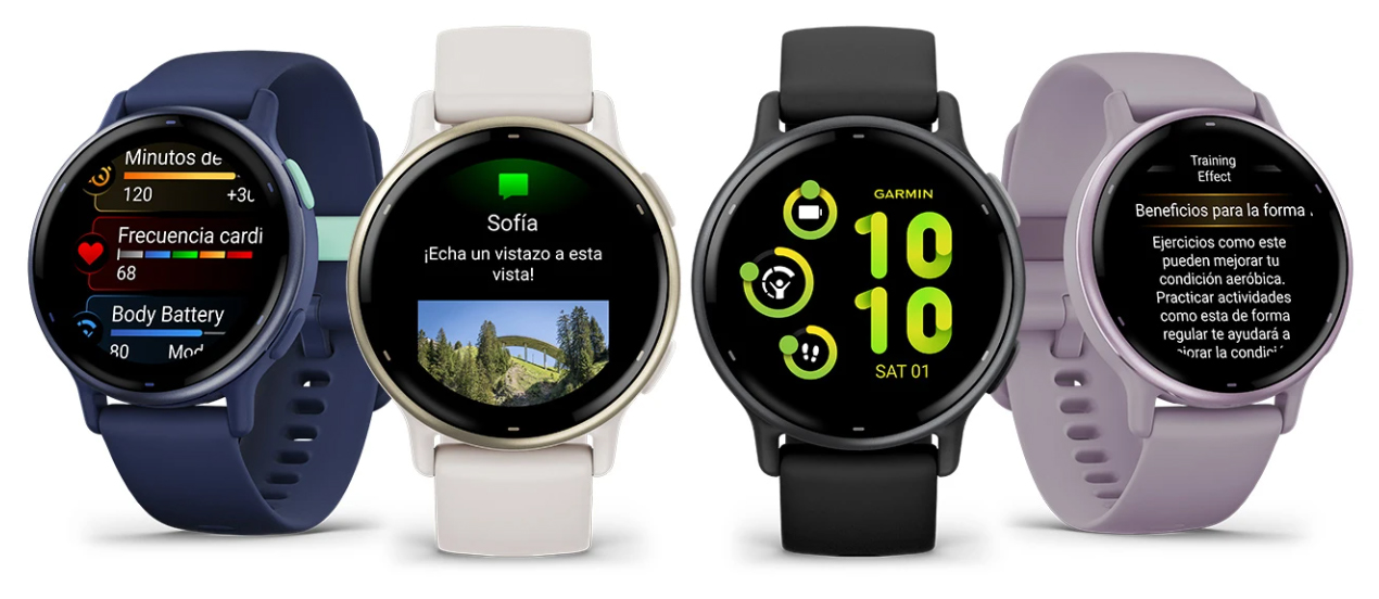 Cuatro relojes Garmin smartwatch en colores azul, beige, negro y lila mostrando distintas pantallas y funciones deportivas.