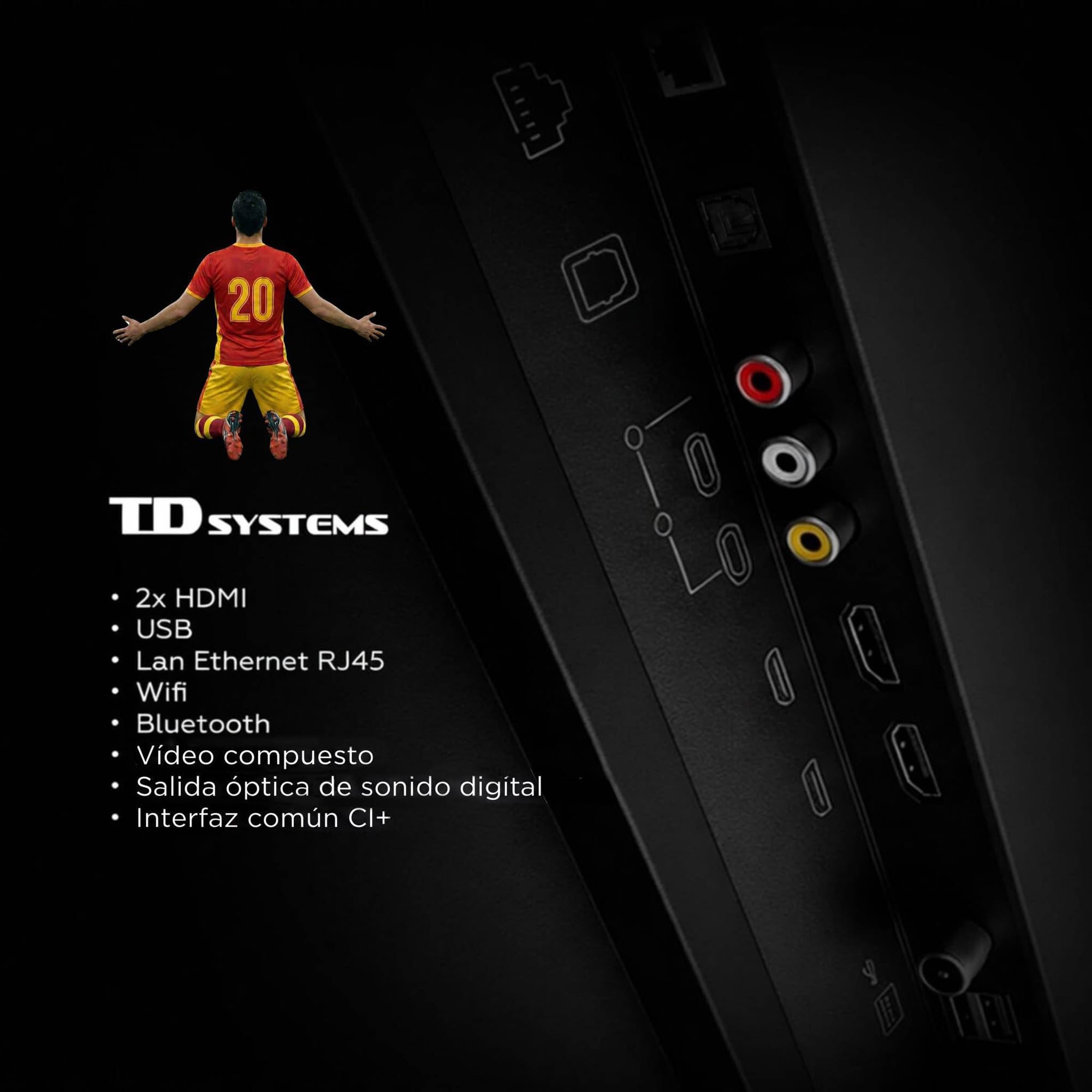 Smart TV TD Systems con múltiples puertos HDMI, USB, WiFi y Bluetooth mostrados en la trasera del televisor.