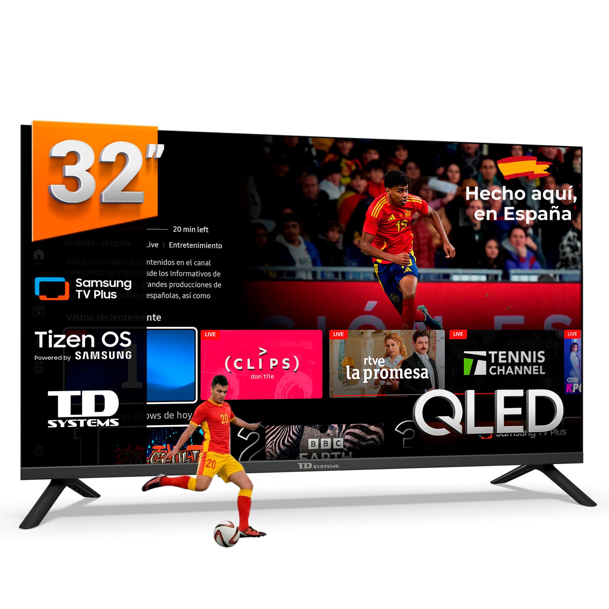 Smart TV TD Systems 32 pulgadas con Tizen OS Samsung mostrando fútbol y apps en streaming