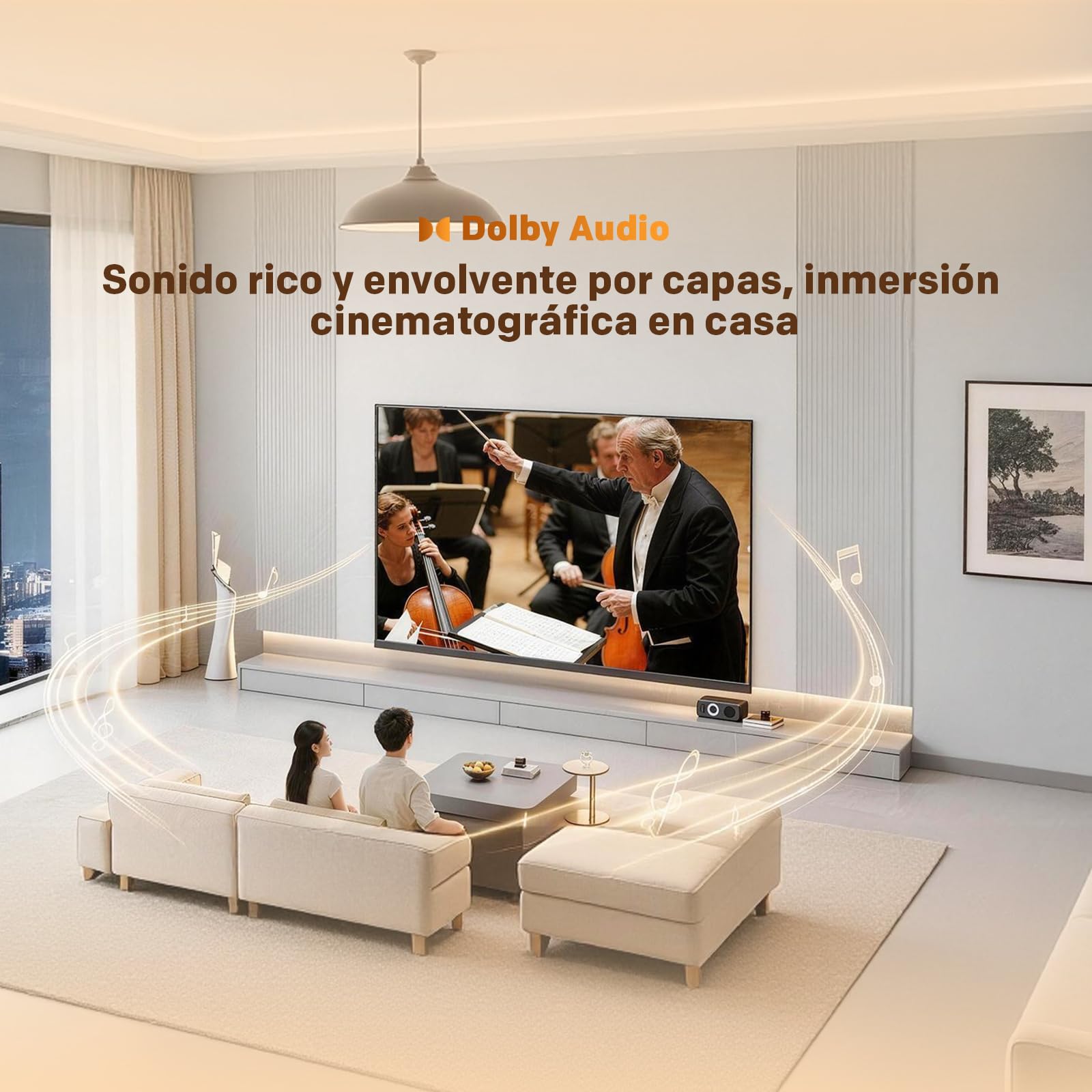Pareja viendo una orquesta en Smart TV coocaa con tecnología Dolby Audio envolvente en salón moderno.