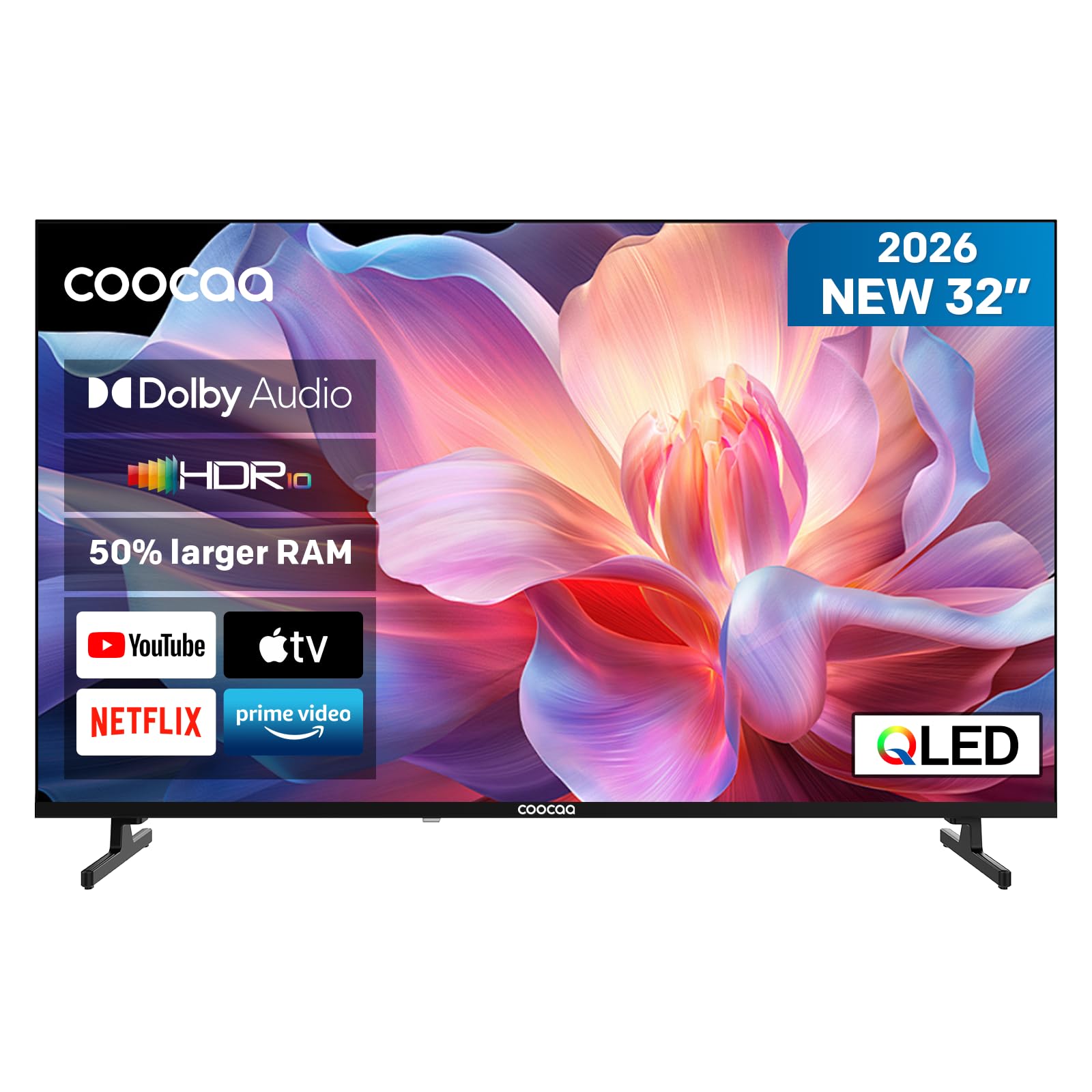 Smart TV Coocaa 32 pulgadas QLED con Dolby Audio, HDR10 y apps de streaming integradas.