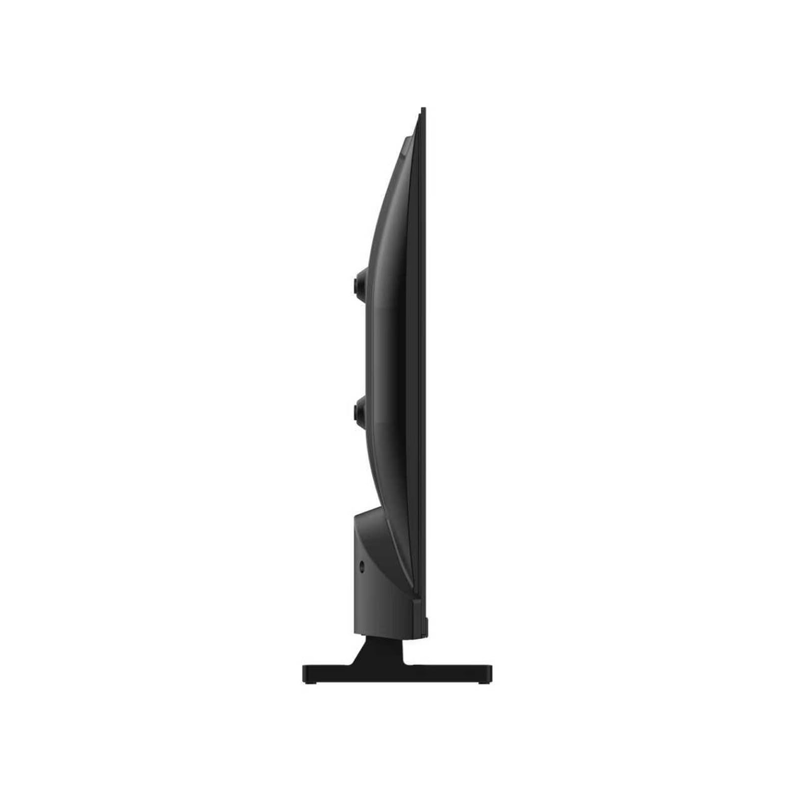 Vista lateral del Smart TV Coocaa 32 pulgadas QLED mostrando diseño delgado y base de soporte.