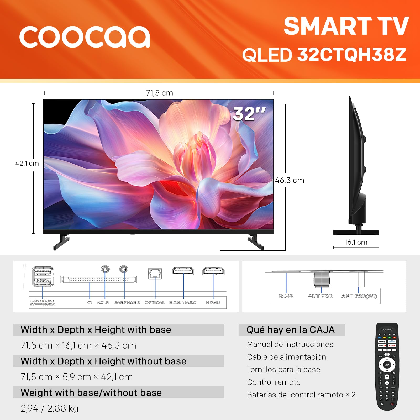 Smart TV Coocaa QLED 32 pulgadas modelo 32CTQH38Z con dimensiones y puertos detallados.
