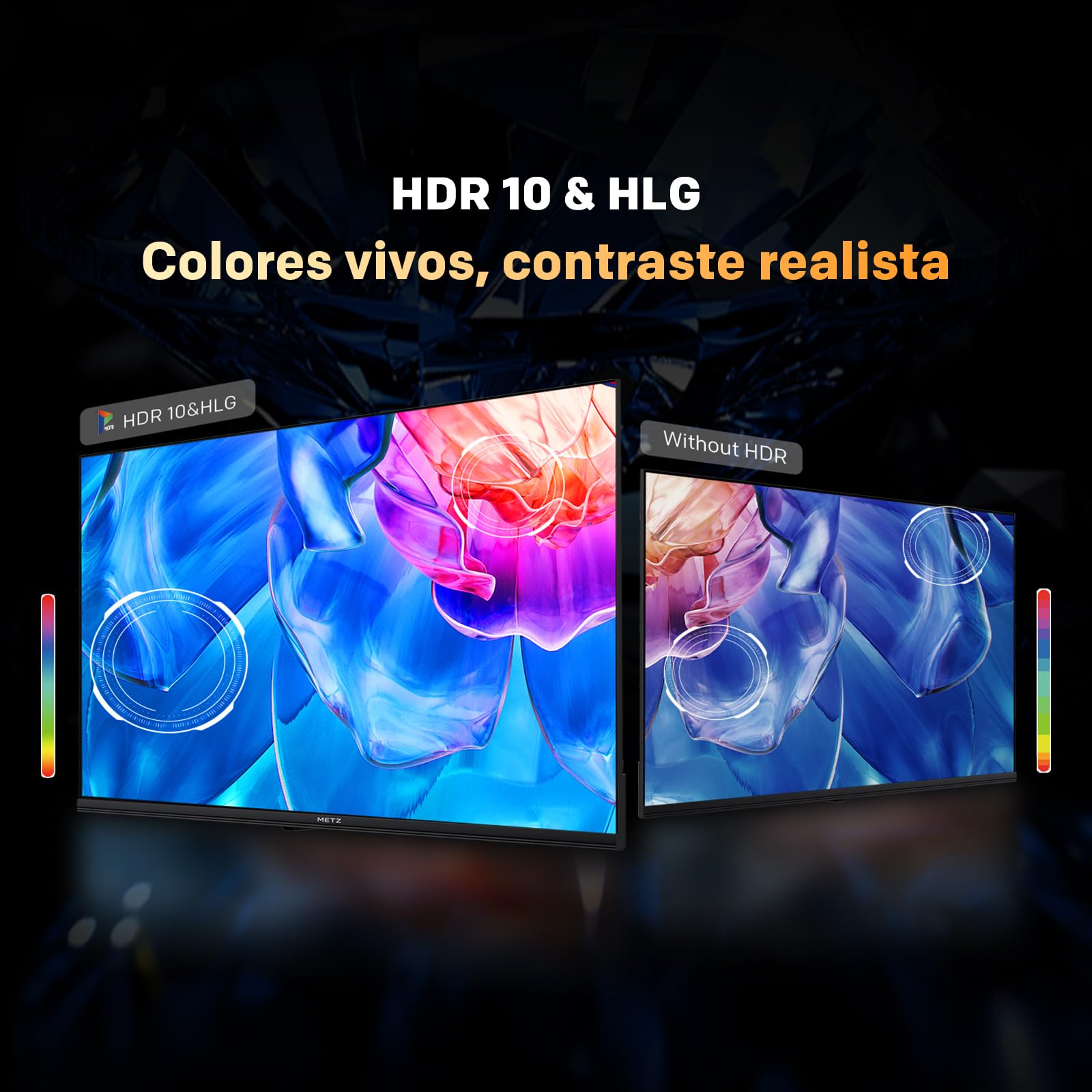 Comparativa de pantalla Metz 40 pulgadas con y sin HDR 10 y HLG mostrando colores vivos