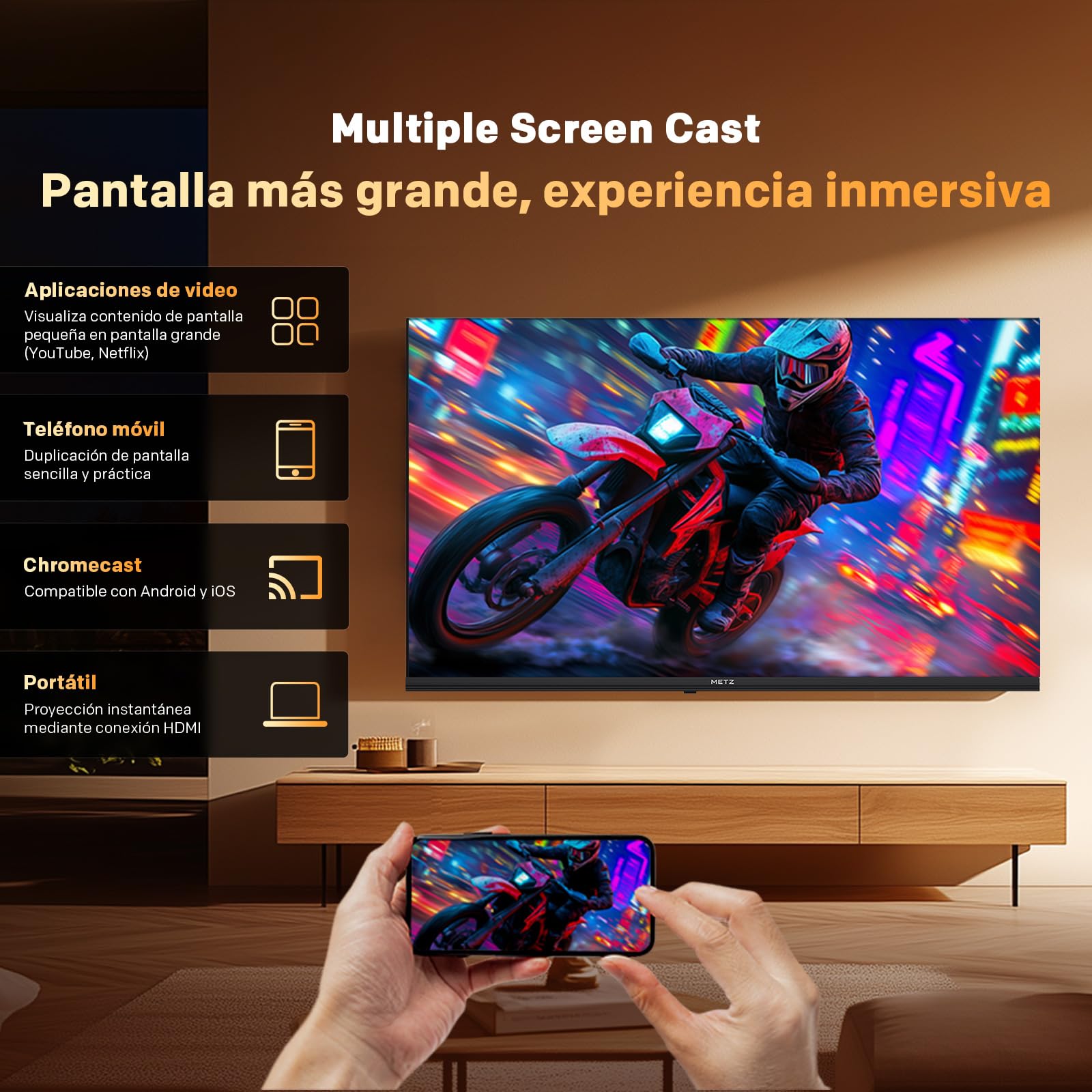 Metz Smart TV 40 pulgadas mostrando pantalla compartida con smartphone mediante Chromecast en salón moderno
