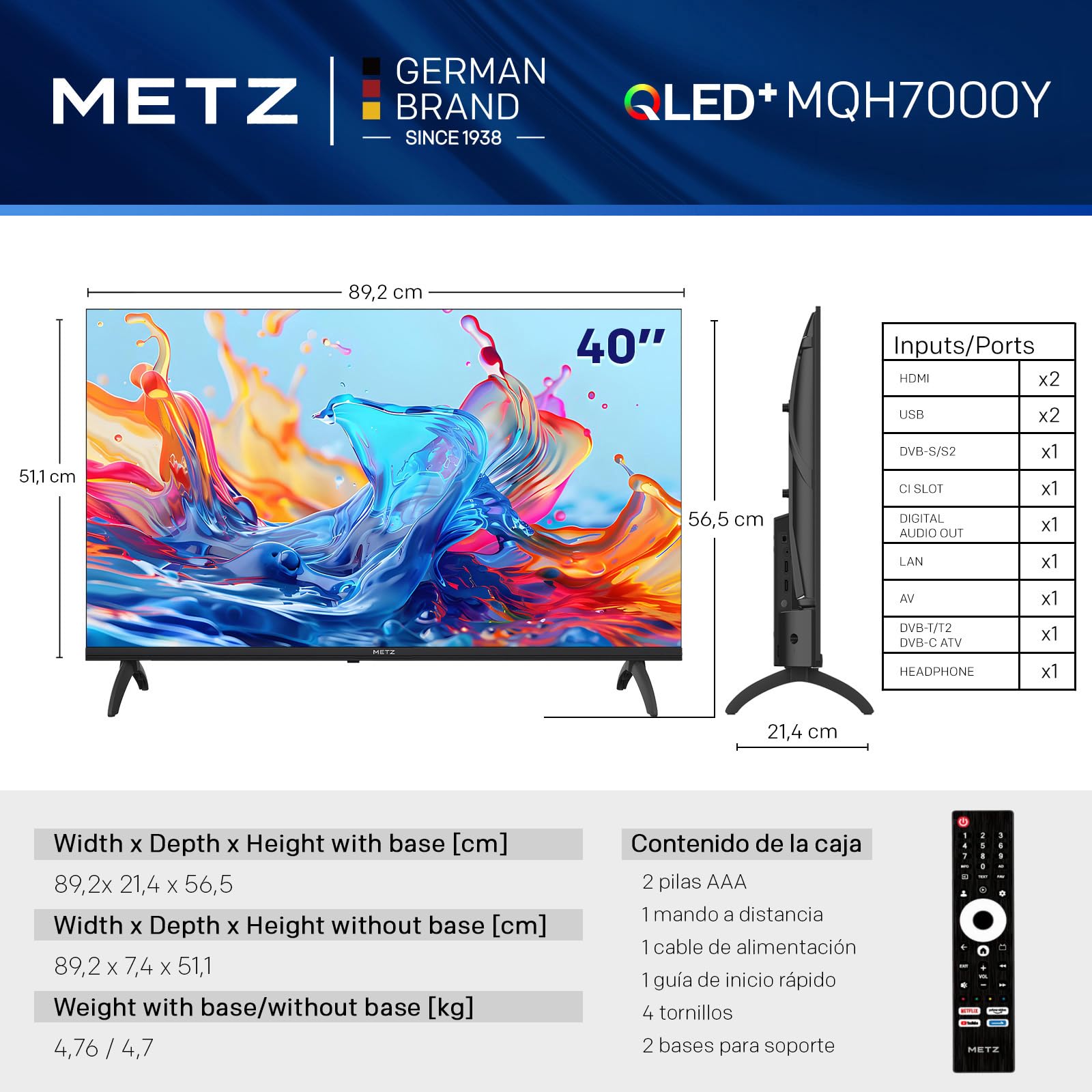 Smart TV Metz QLED 40 pulgadas MQH7000Y con vista frontal y lateral, dimensiones y puertos
