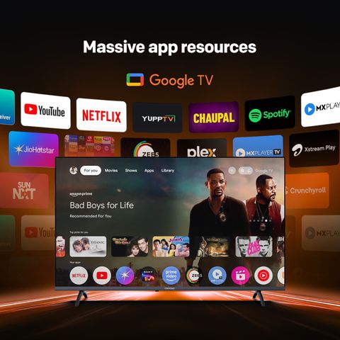 Smart TV con Google TV mostrando múltiples aplicaciones de streaming y recomendaciones de contenido.