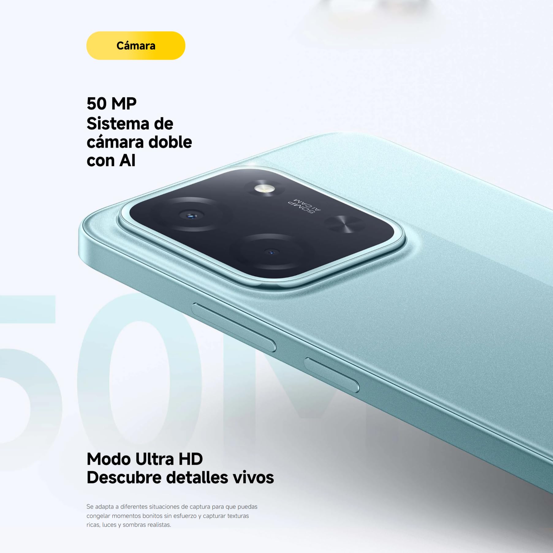 Detalle del módulo de cámara dual de 50MP con AI del smartphone Xiaomi Poco C85 en color verde