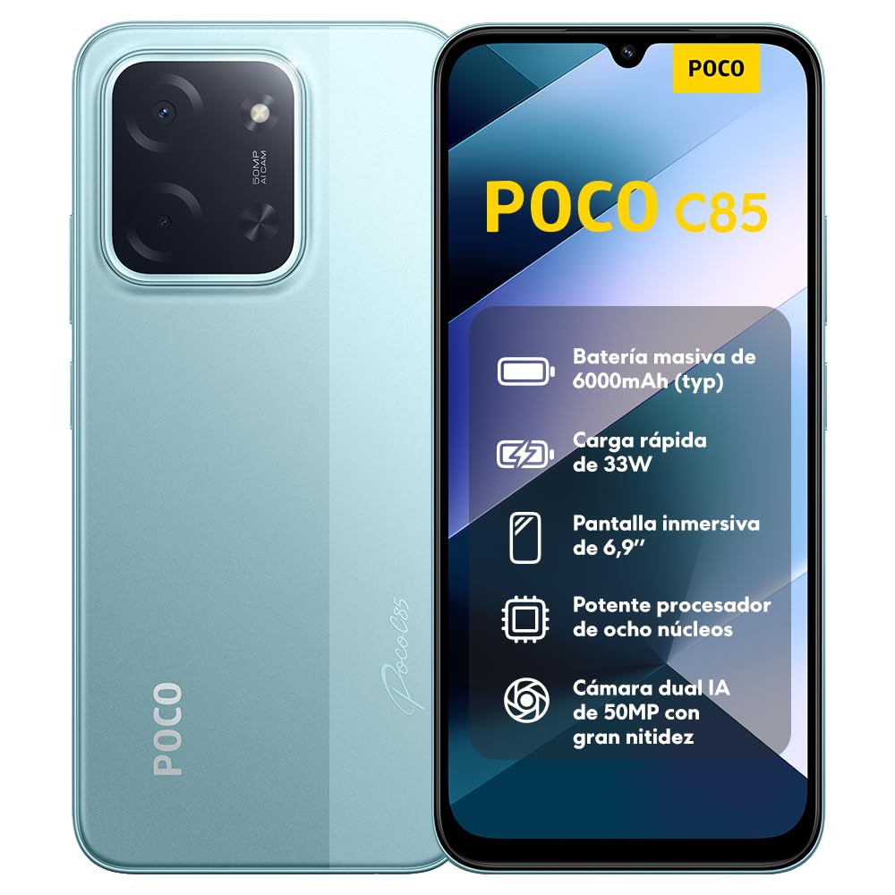 Smartphone POCO C85 verde menta con cámara dual 50MP AI, pantalla 6,9 pulgadas y batería 6000mAh