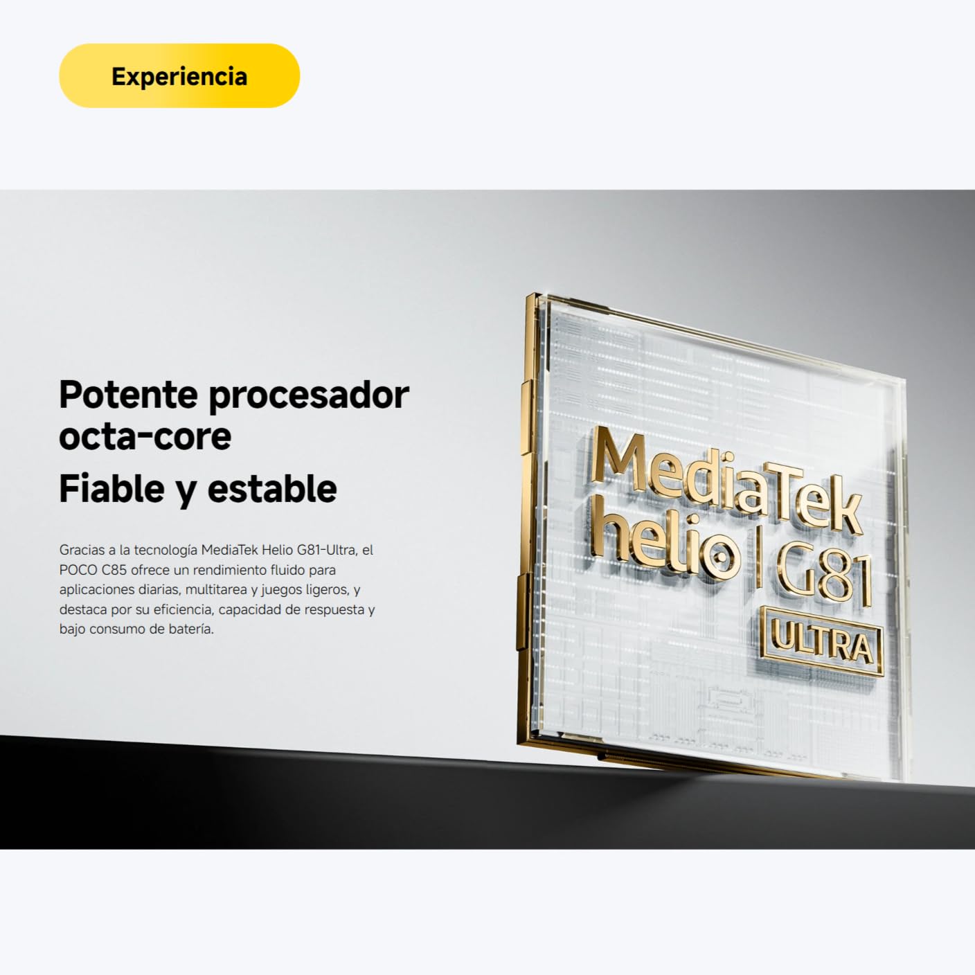 Xiaomi Poco C85 infografía promocional del procesador MediaTek Helio G81-Ultra octa-core en color dorado