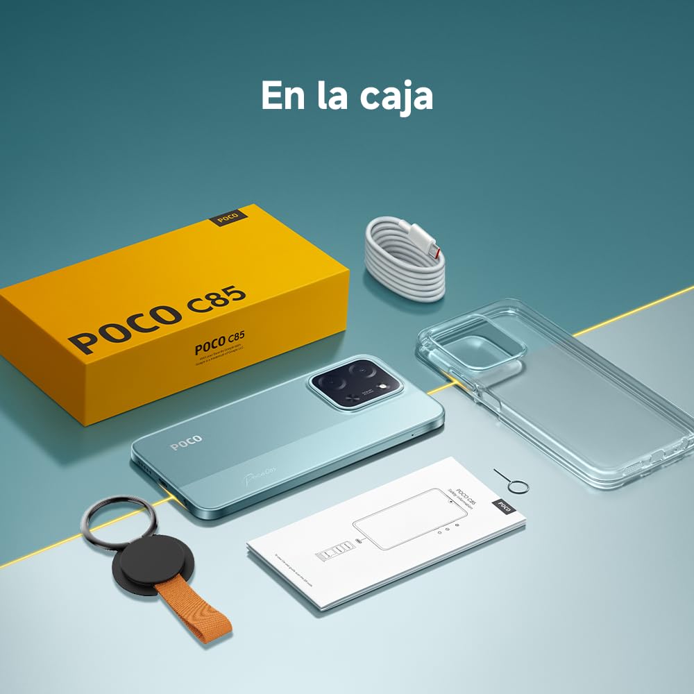 Contenido de la caja del POCO C85 con cable y funda pero sin adaptador de corriente