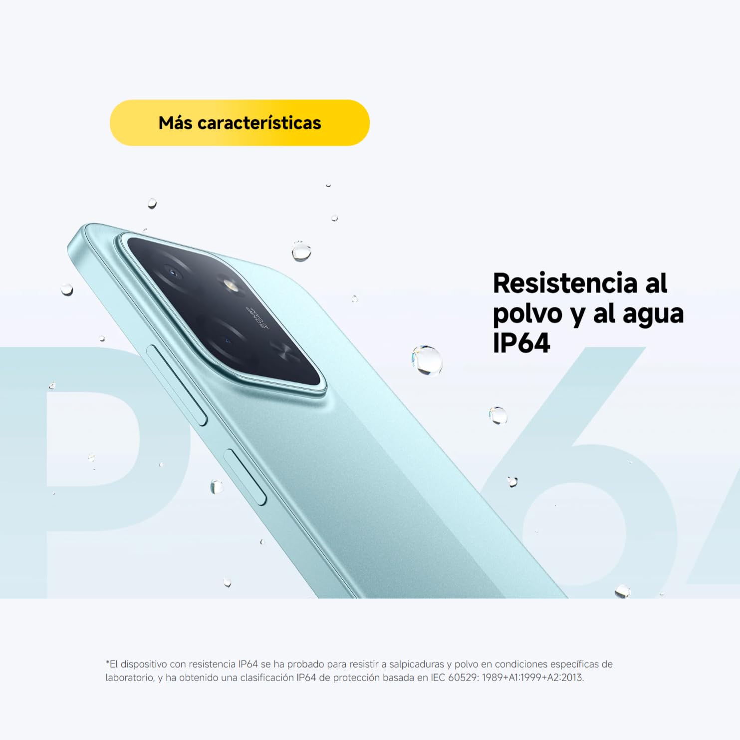Xiaomi POCO C85 verde con resistencia al agua y polvo IP64 destacada con gotas