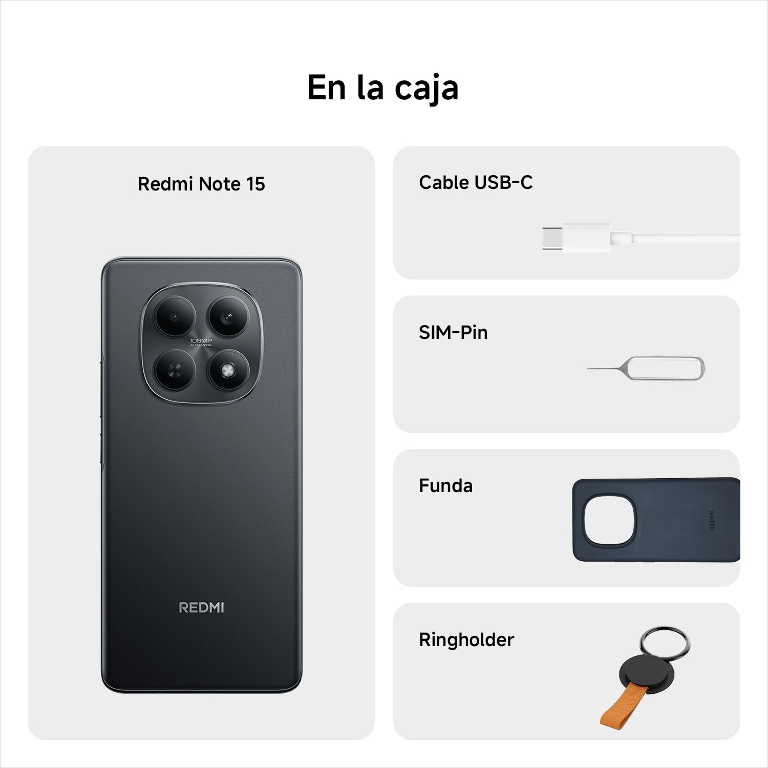 Contenido de la caja del Xiaomi Redmi Note 15 negro con cámara 108MP, cable USB-C, funda y ringholder