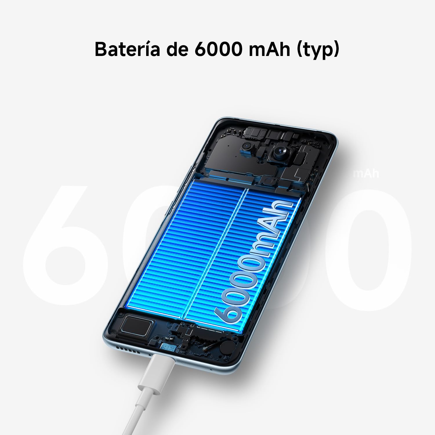 Xiaomi Redmi Note 15 con batería interna de 6000 mAh resaltada en azul sobre fondo blanco
