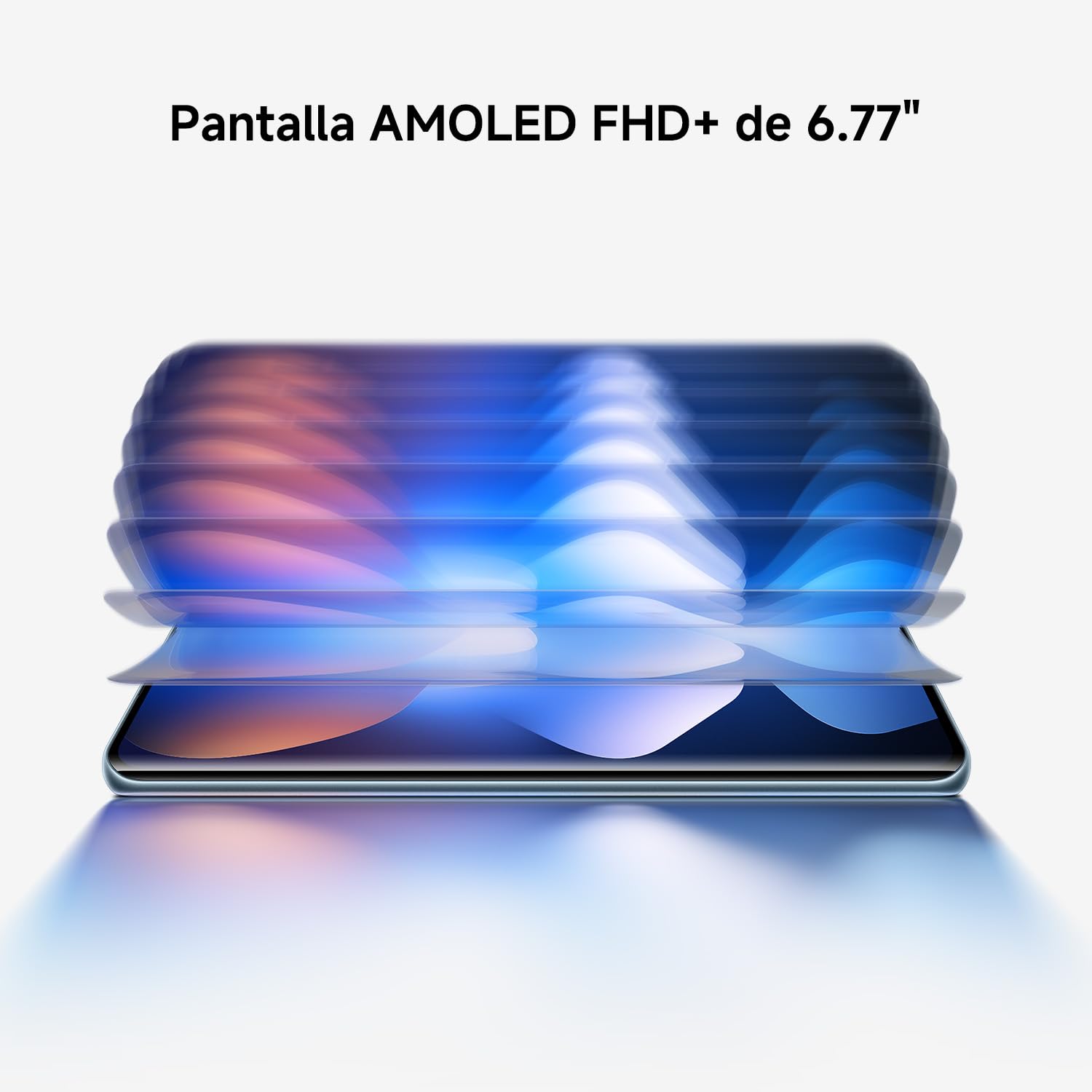 Smartphone Xiaomi Redmi Note 15 con pantalla AMOLED FHD+ de 6.77 pulgadas en negro, efecto visual de capas