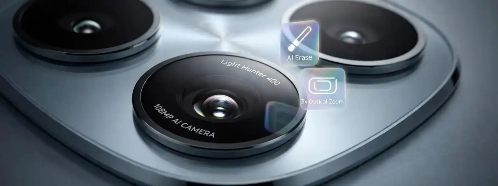 Detalle del módulo de triple cámara 108MP AI con tecnología Light Hunter 400 de un smartphone
