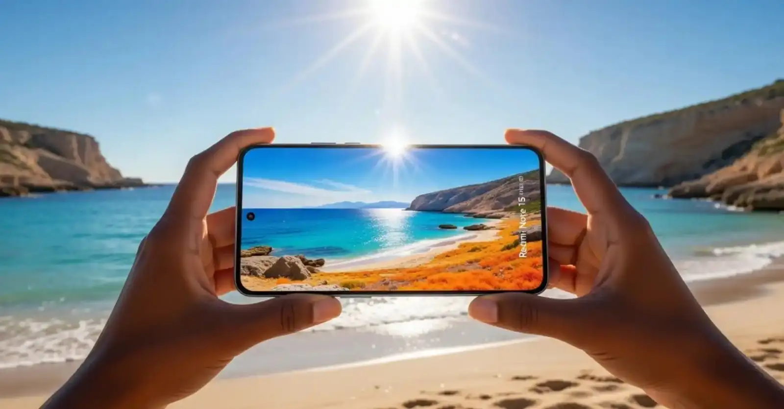 Smartphone Redmi Note 15 Pro Max en uso tomando foto de playa con mar turquesa y acantilados bajo sol intenso