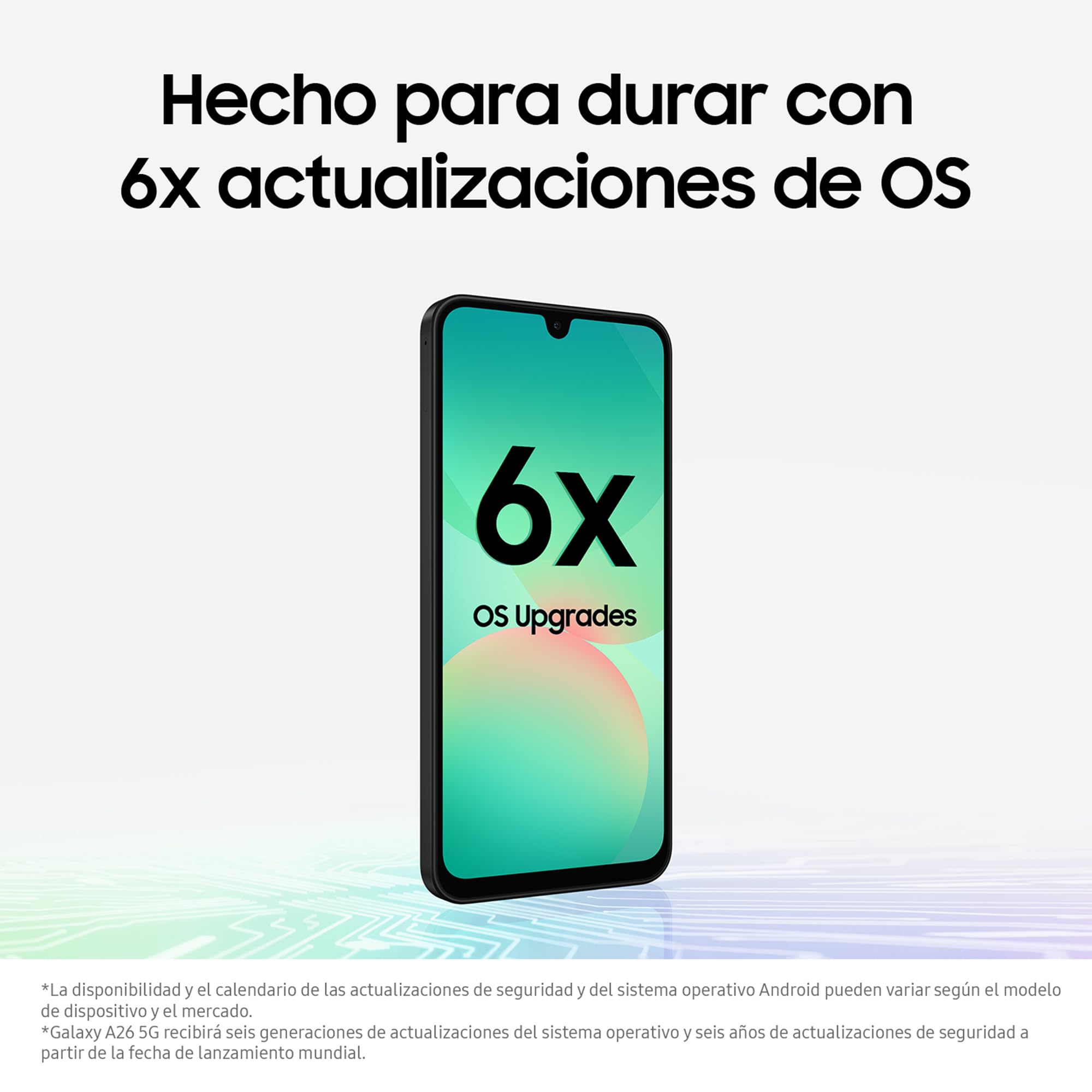Samsung Galaxy A26 5G negro con 6 actualizaciones de sistema operativo garantizadas en pantalla.