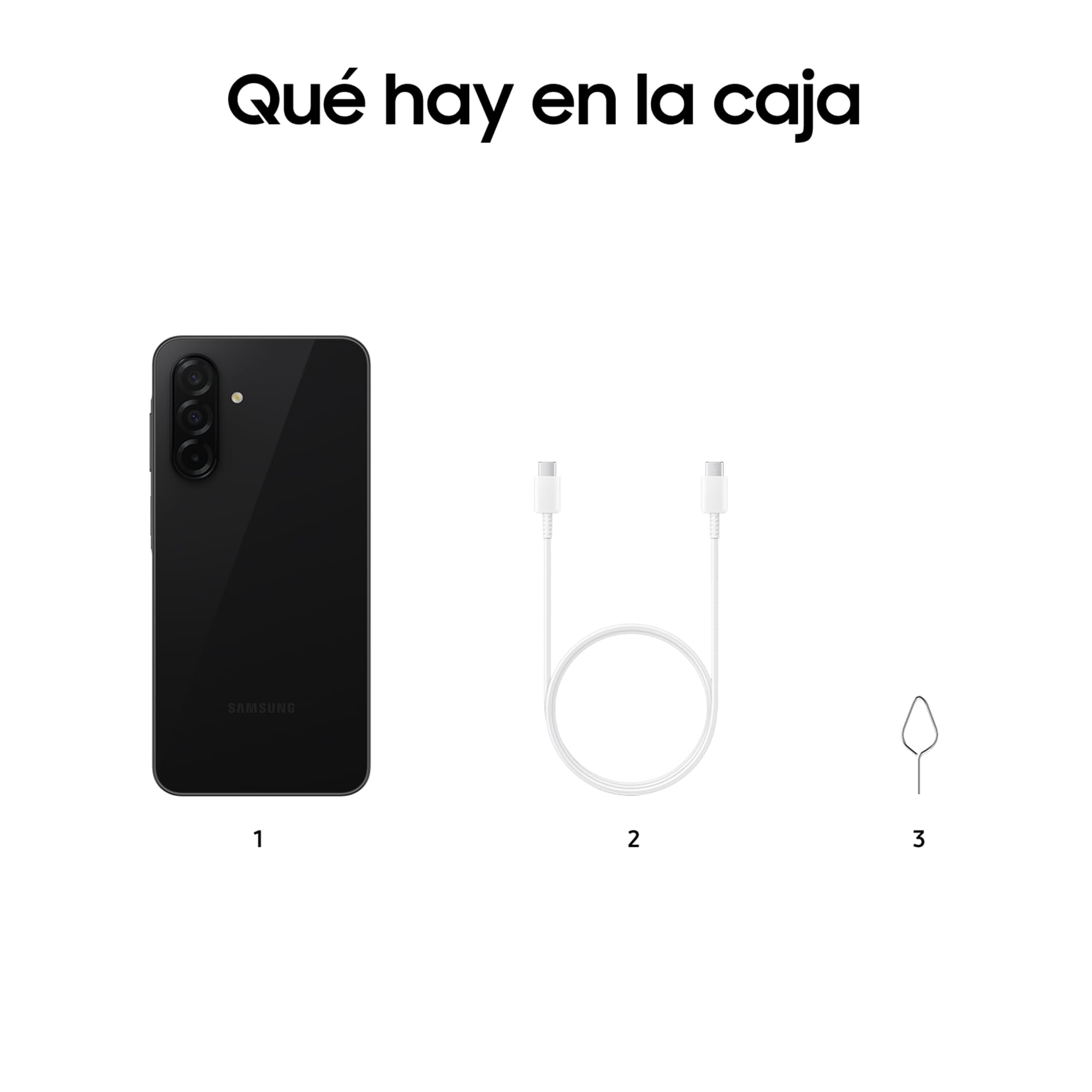 Contenido de la caja del Samsung Galaxy A26 5G: teléfono negro, cable USB-C y pin SIM.