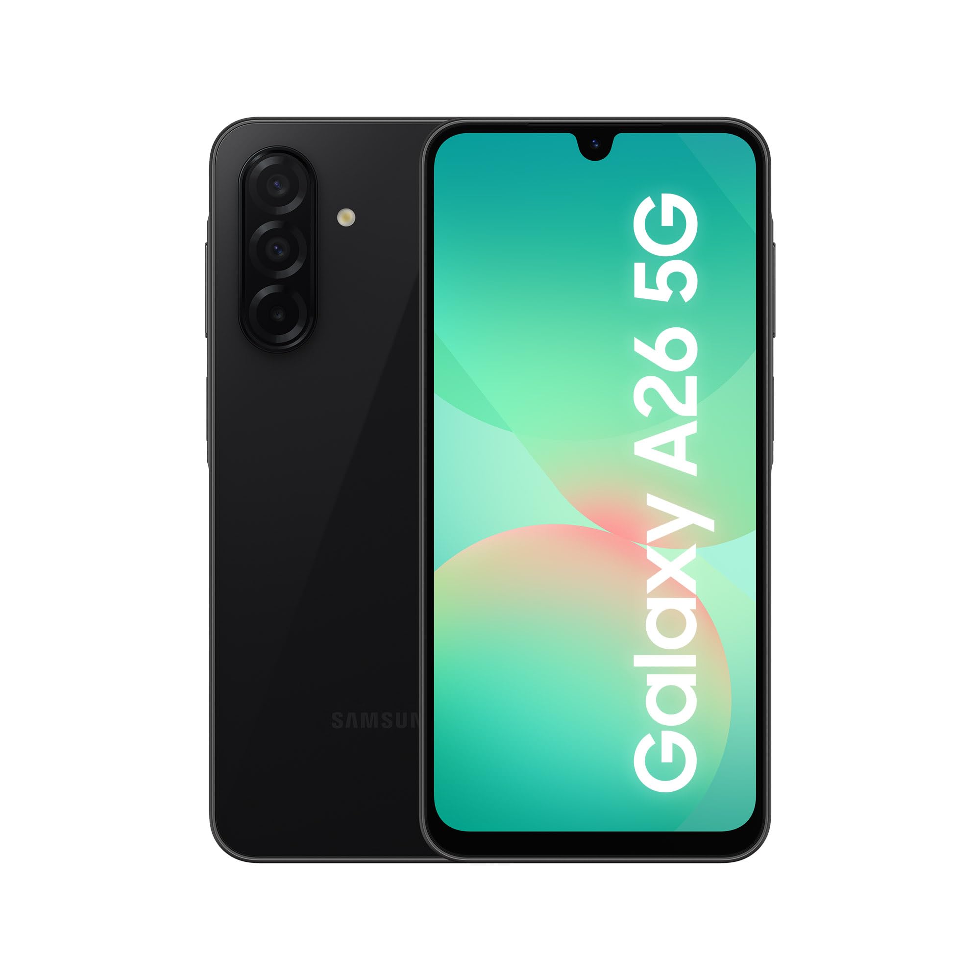 Samsung Galaxy A26 5G de 256 GB en color negro visto por delante y por detrás