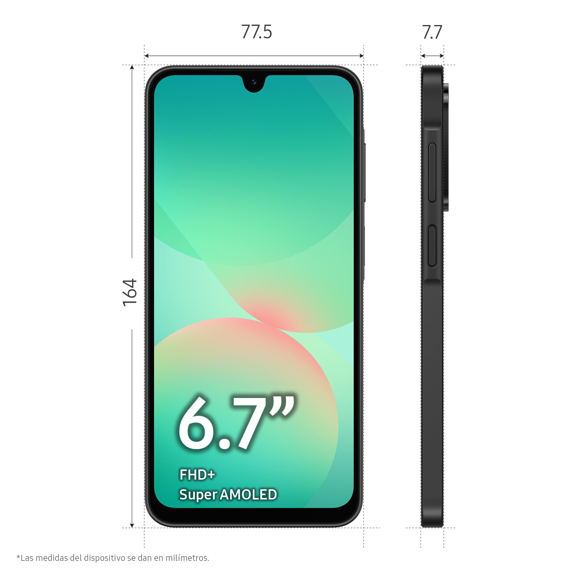 Samsung Galaxy A26 5G negro con pantalla 6.7 pulgadas FHD+ Super AMOLED, vista frontal y lateral con medidas.
