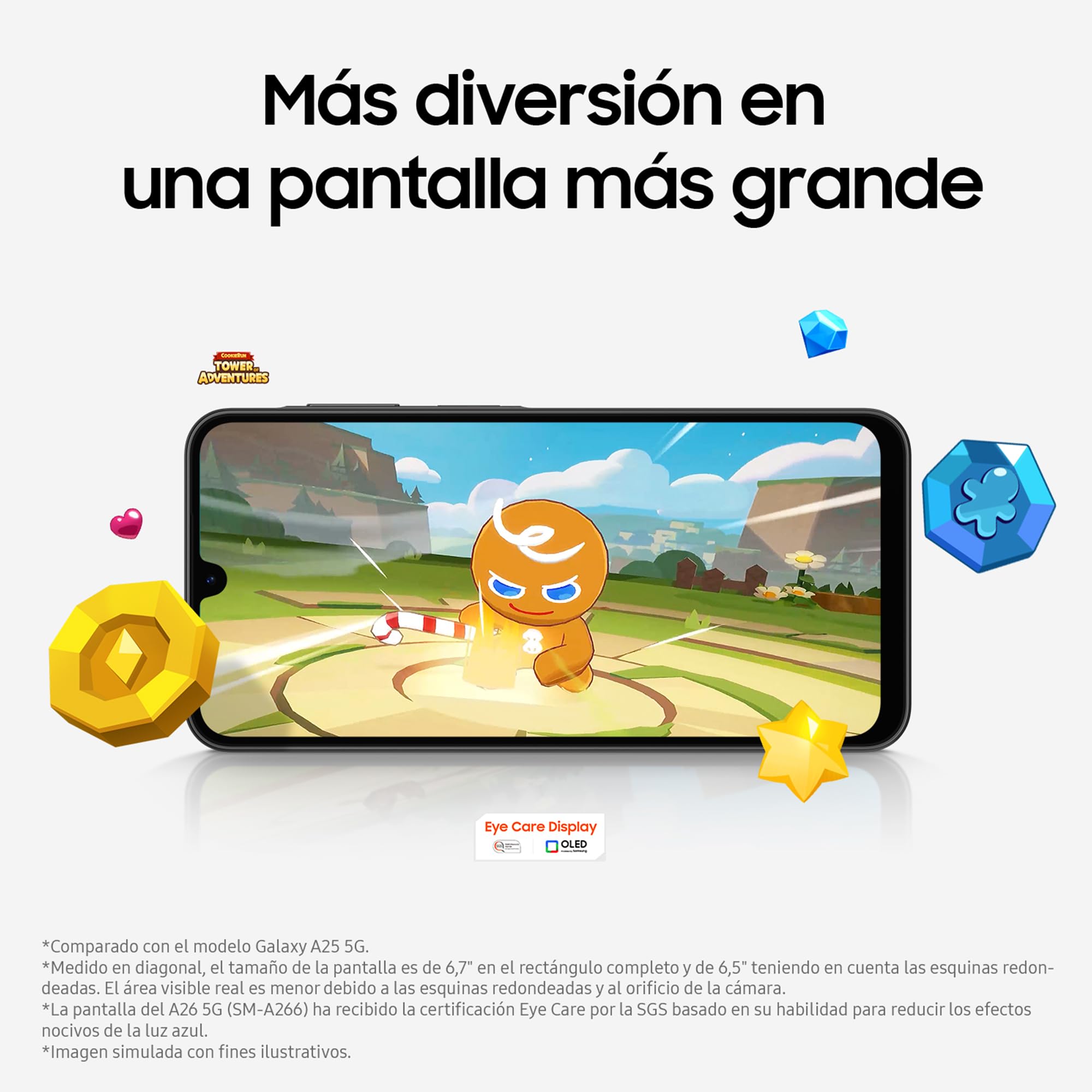 Samsung Galaxy A26 5G mostrando el juego Cookie Run en su gran pantalla Super AMOLED de 6,7 pulgadas